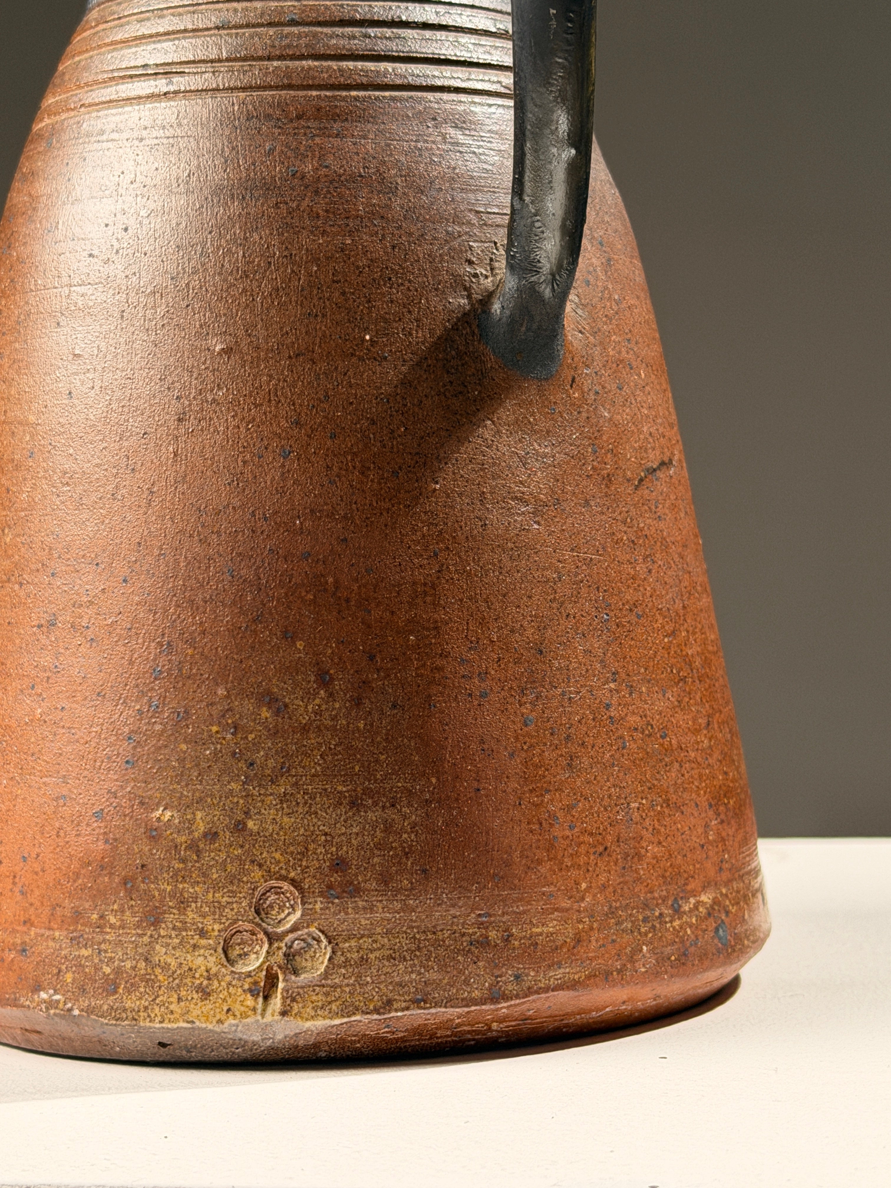 Large sculptural glazed stoneware pitcher, circa 1970 — close-up