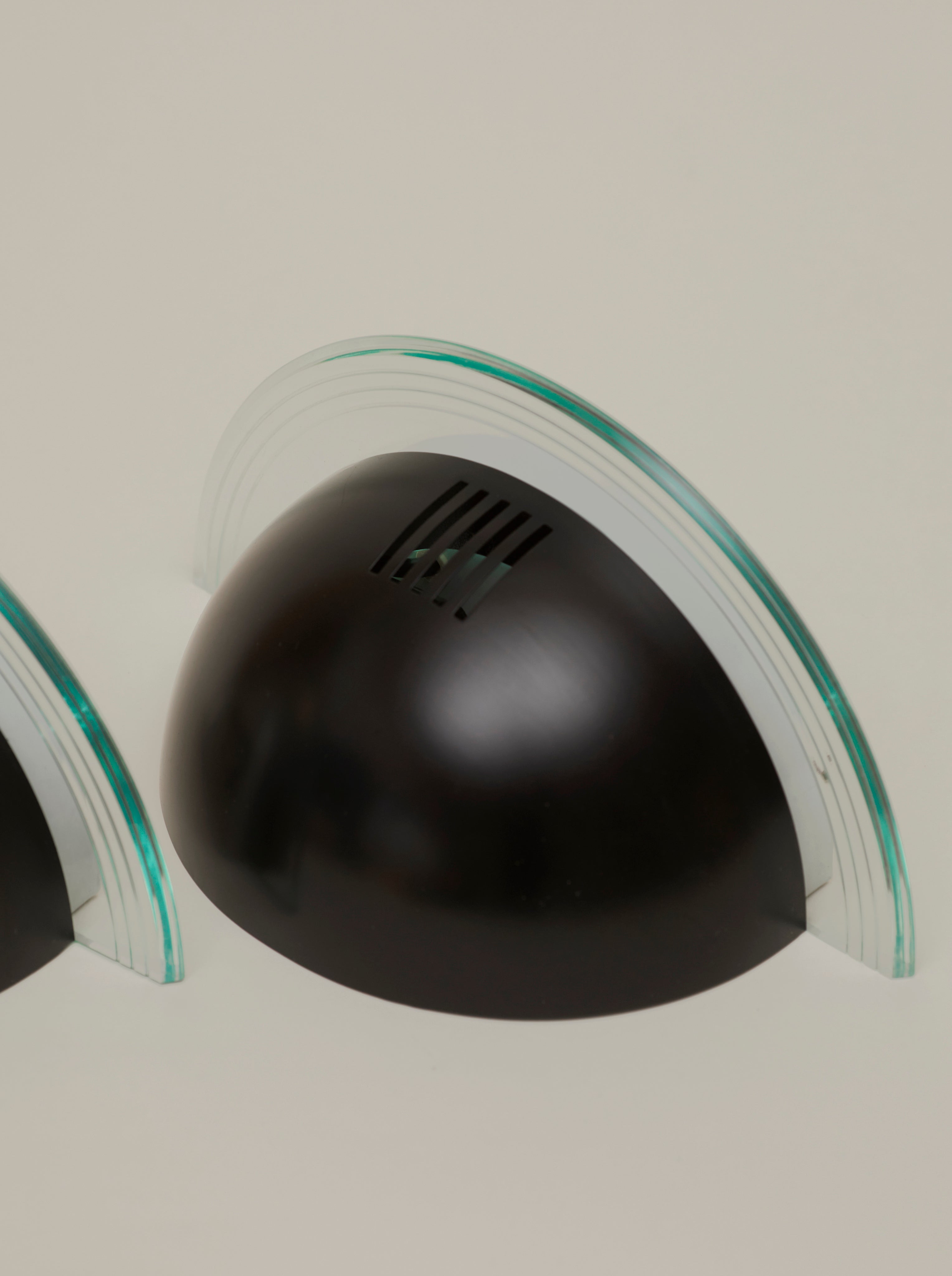 Set of 2 Vintage German Postmodern Wall Lights Circa 1980 — back view showing black dome and glass detail