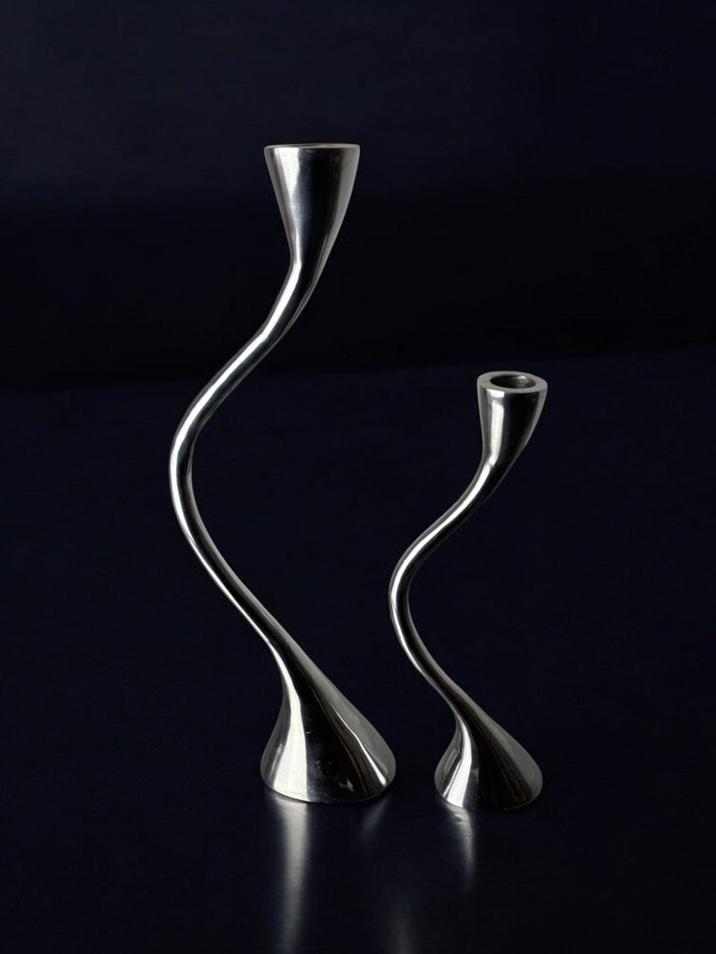 Pair of Zigzag Candleholders, Solid Aluminium, Spain, 1980s by Malamar Studio | The Oblist — polished silver finish