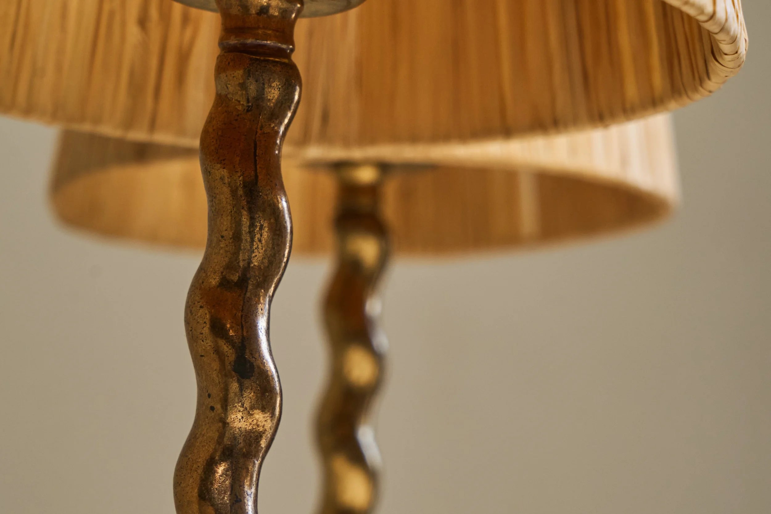 Wonderful Pair of Tripod Table Lamps in Patinated Sand Cast Brass with Raffia Shades — additional view