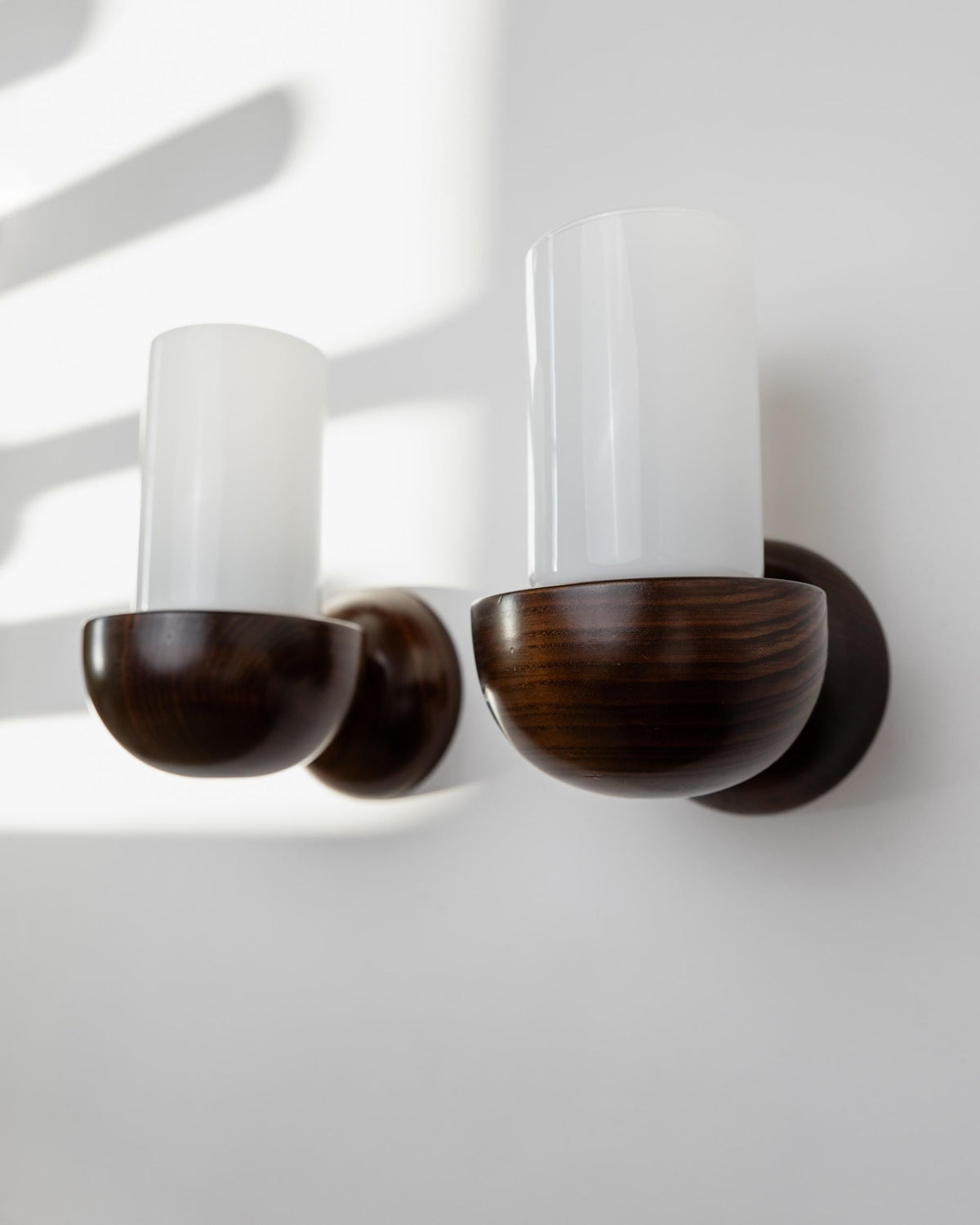 Vintage 1960s Wall Lamps Set of 2, Dark Wood with White Glass Shades, Mid Century Modern Lighting, Sculptural Wall Sconces — view 11