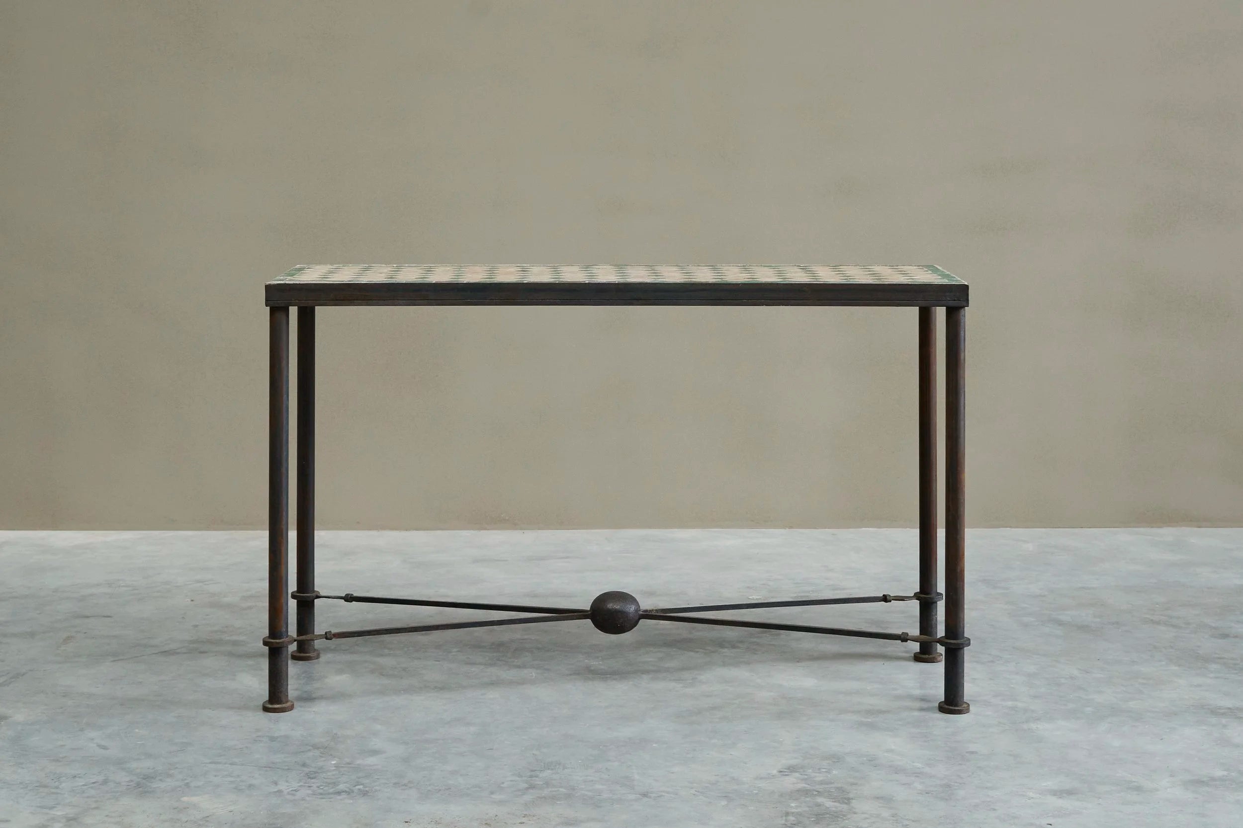 Art Deco Jean-Michel Frank Style Console Table in Patinated Iron and Tiles, 1940s — detail view