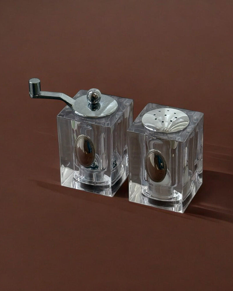 Italian Salt & Pepper Set, 1990s by Flock Studio | The Oblist — clear acrylic, vintage design