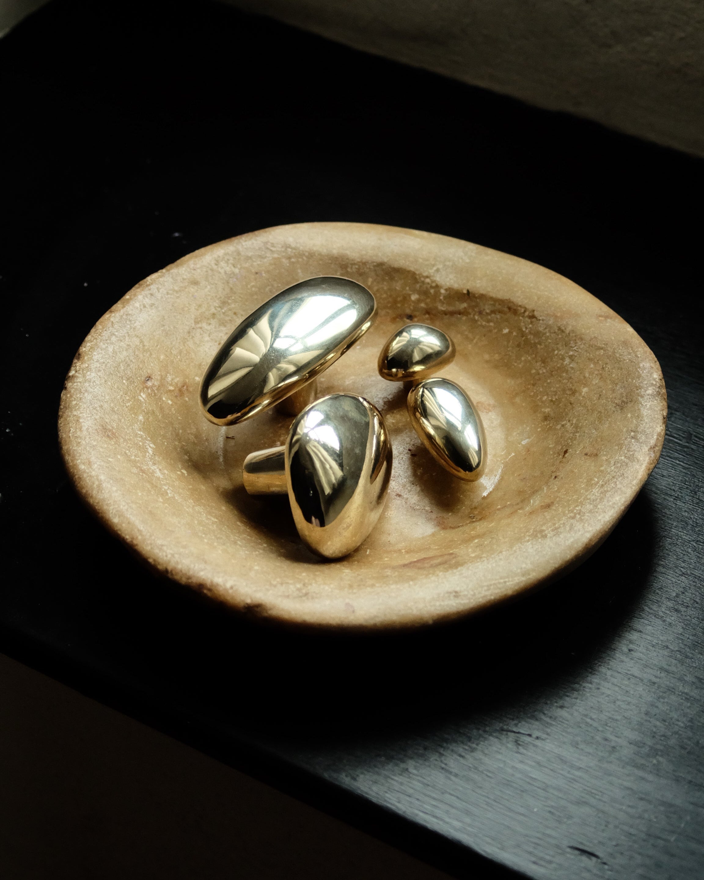 MOMI Cabinet Knob/Wall Hook Long Mini — side view of polished brass knobs in wooden bowl