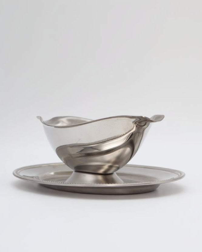 Vintage Guy Degrenne Stainless Steel Gravy Boat with Fixed Saucer (c. 1970) by Forma Finds | The Oblist