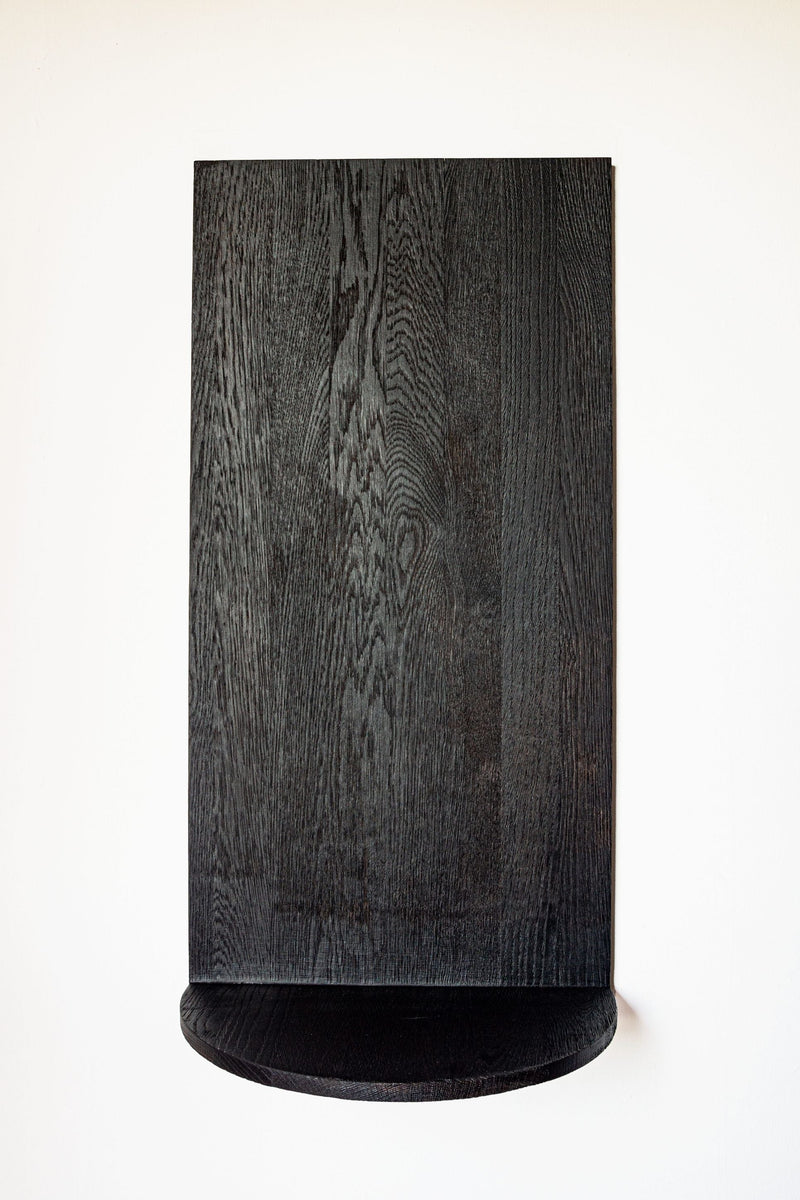 Megaron black oak shelf showing curved base detail