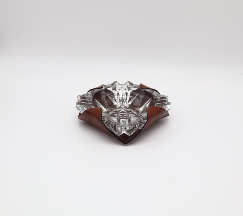 Vintage Mid-Century Crystal and Saddle Leather Ashtray – Italy (1960s) by Forma Finds | The Oblist