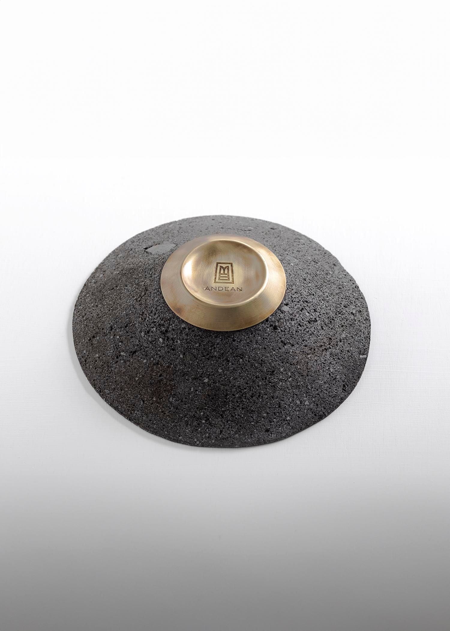 CHIMBORAZO Decorative Volcanic Stone Bowl with Aged Bronze Detail — lifestyle setting