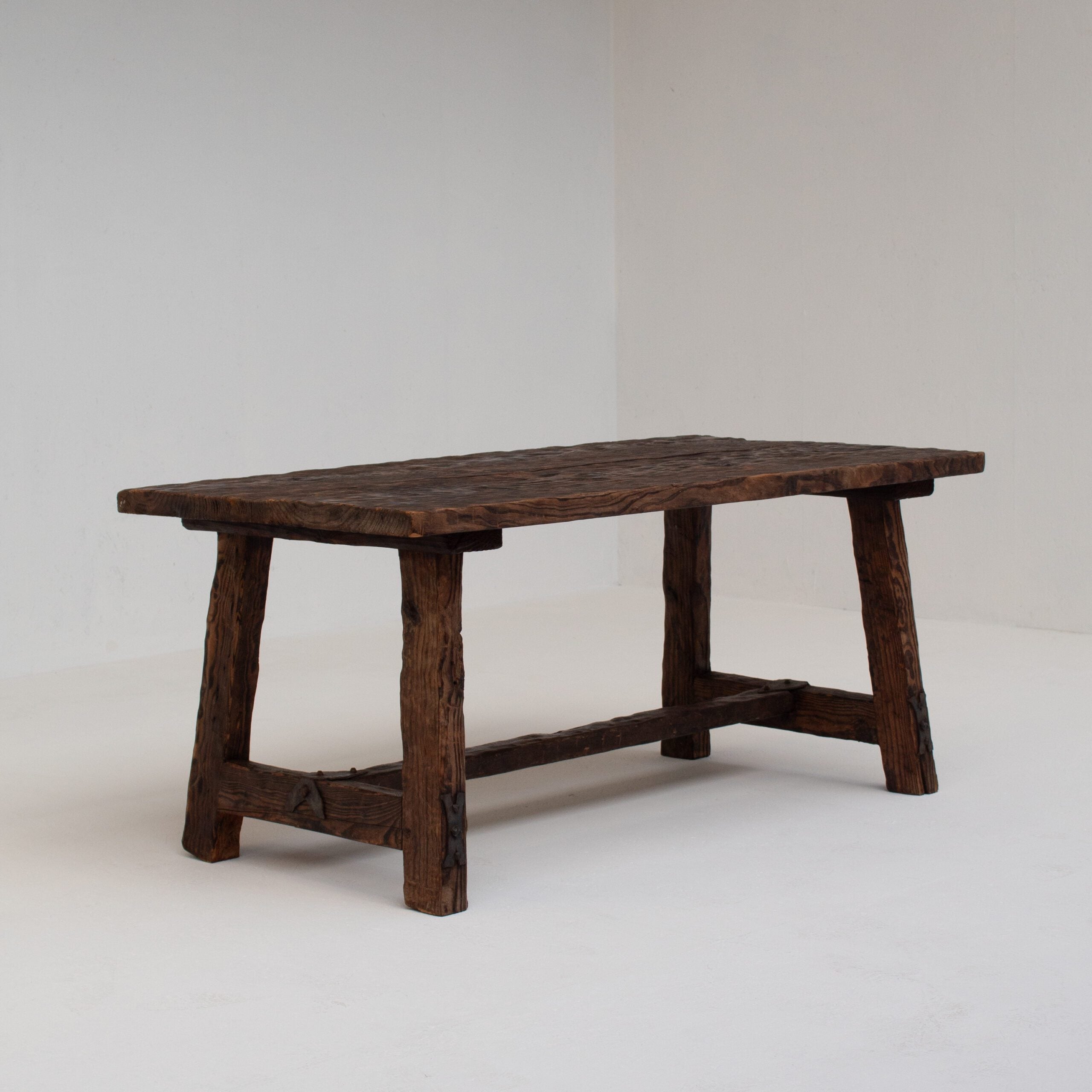Brutalist Solid Wood Coffee Table — top view of textured dark wood surface