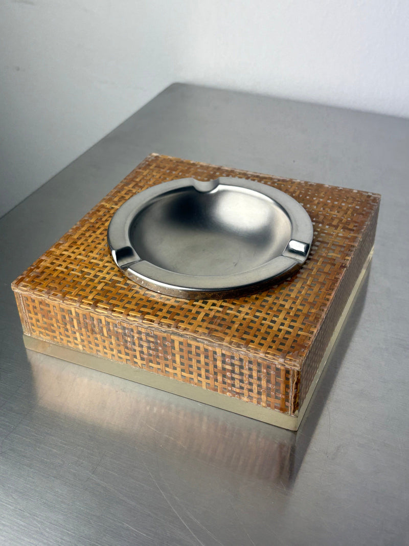 Lucite & Rattan Ashtray, 1970s — top view showing metal bowl and woven base