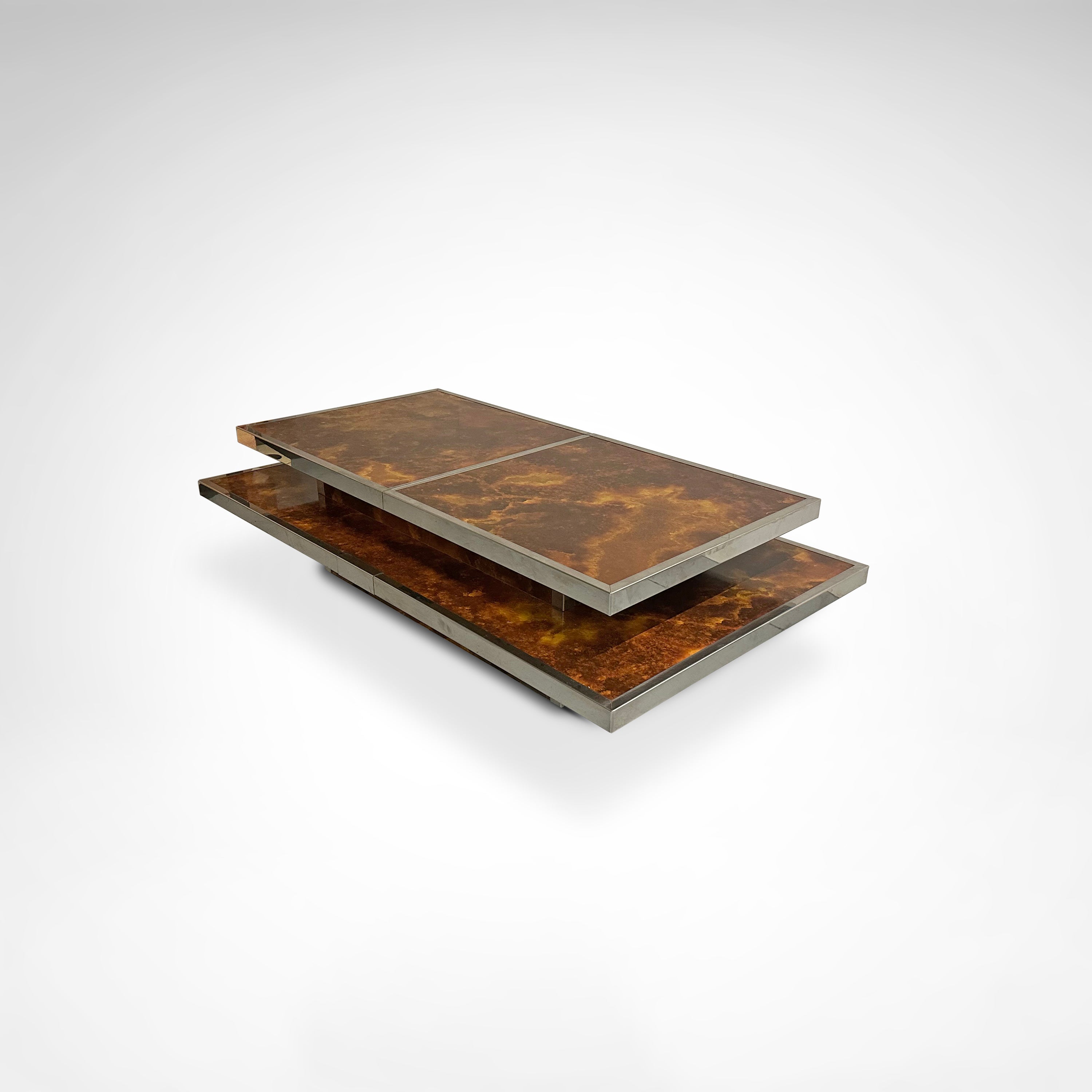 Sliding two tier burl wood and metal coffee table with integrated bar France 1980s — lifestyle setting