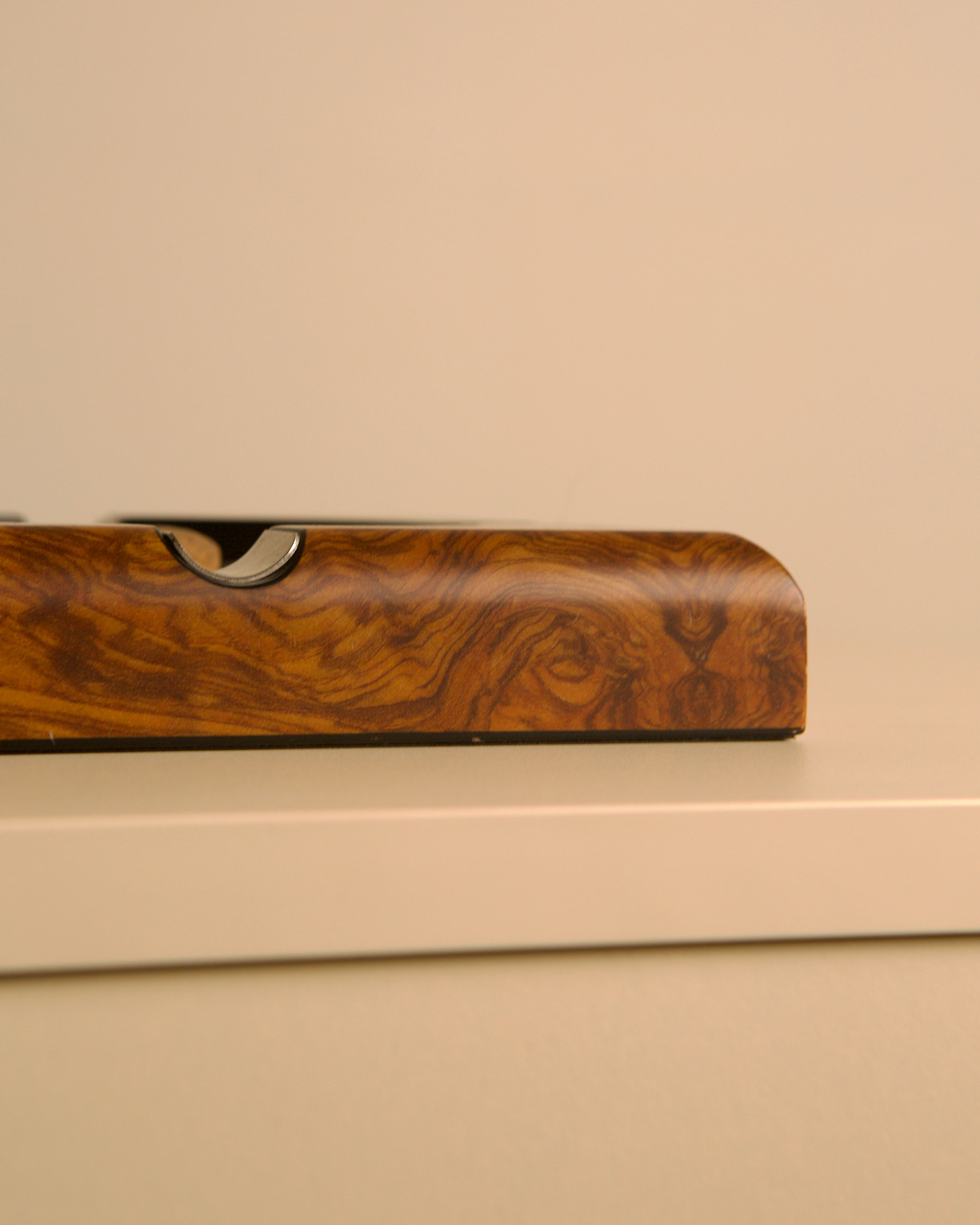 Burl walnut and metal ashtray, Italy, 1980s — close-up