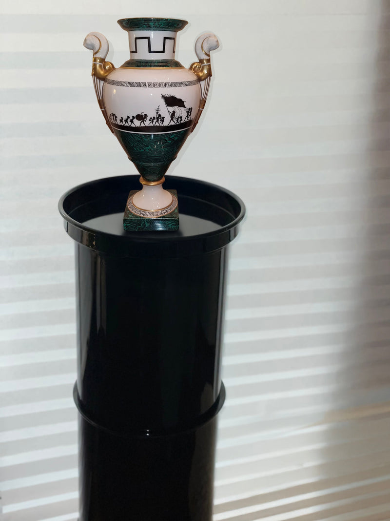 Black Metal Sculptures Column /Pedestal — close-up with decorative vase on top