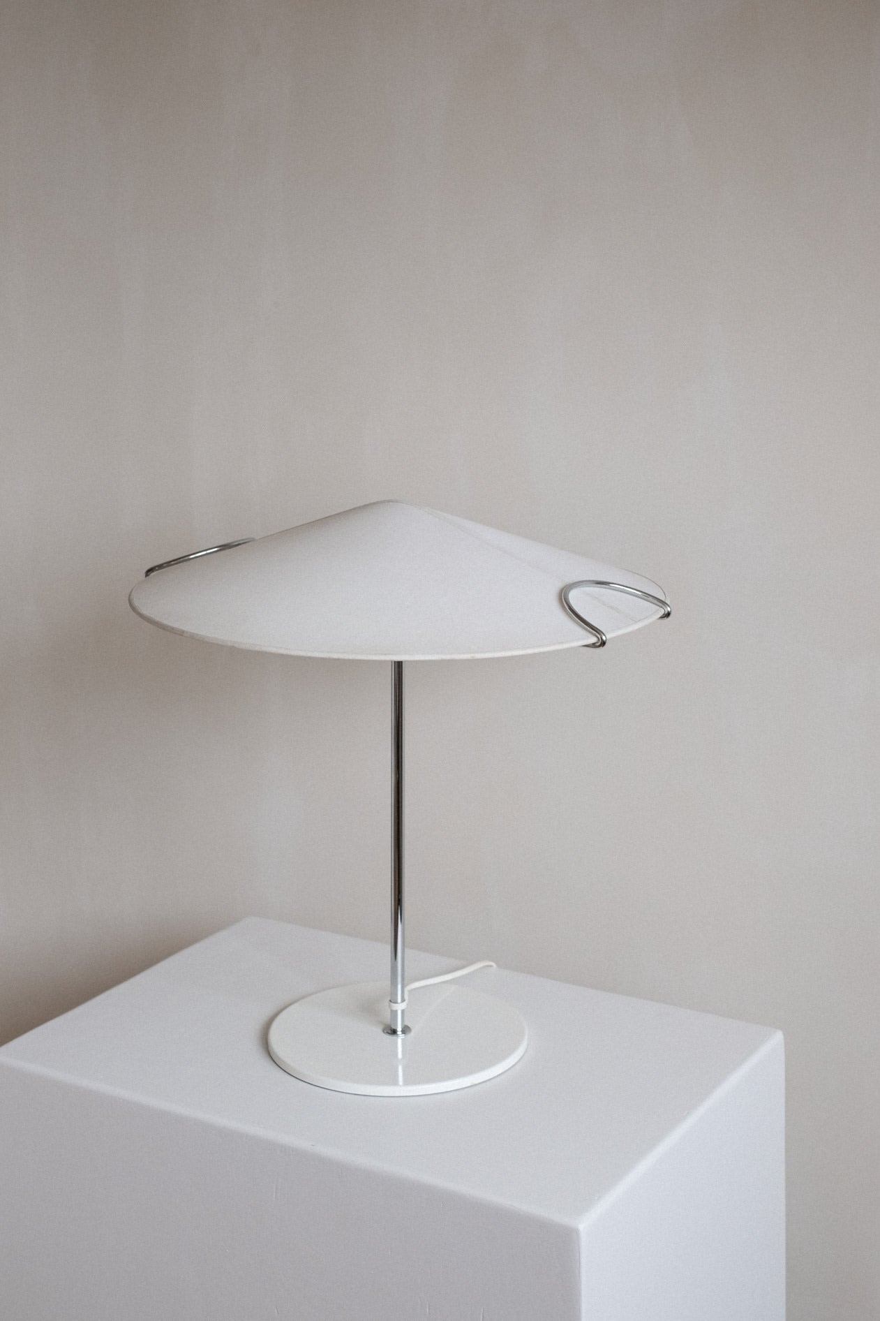 Cello" Table Lamp 1980s — side angle showing white shade and chrome base