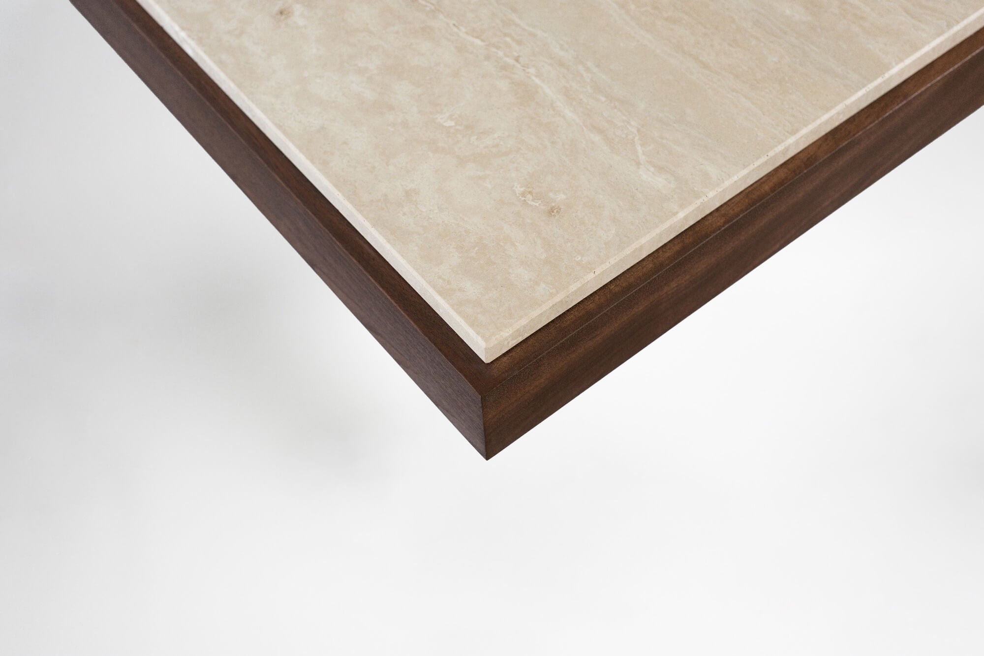 Sofa Table 01 Walnut Wood and Travertine — top view of table edge detail