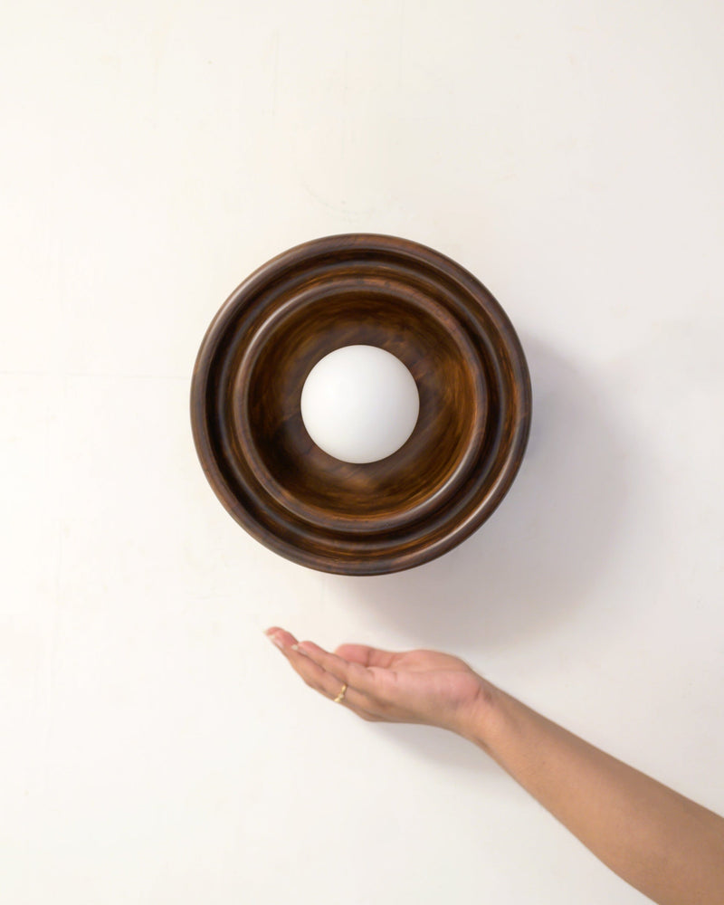 Discus XS Wall Light by Studio Indigene | The Oblist — handcrafted wood, white globe