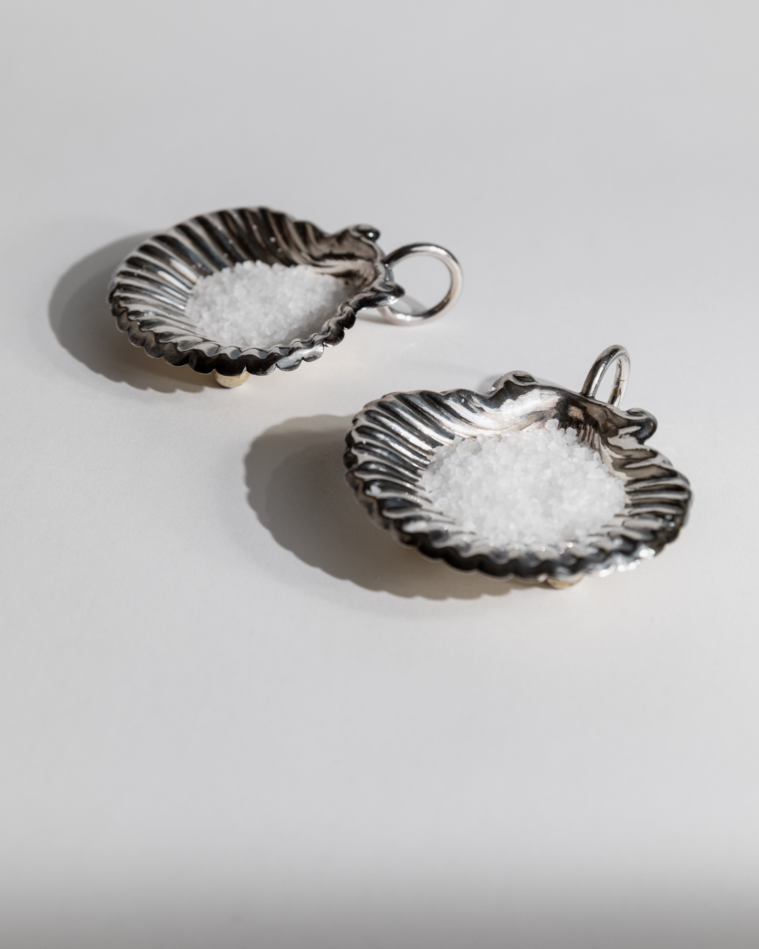 Two silver-plated shell bowls filled with coarse salt on white background