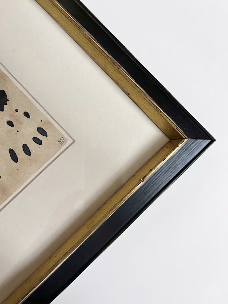Sand and Ink Abstract on Paper in Antique Gilded Frame — angled view of frame detail