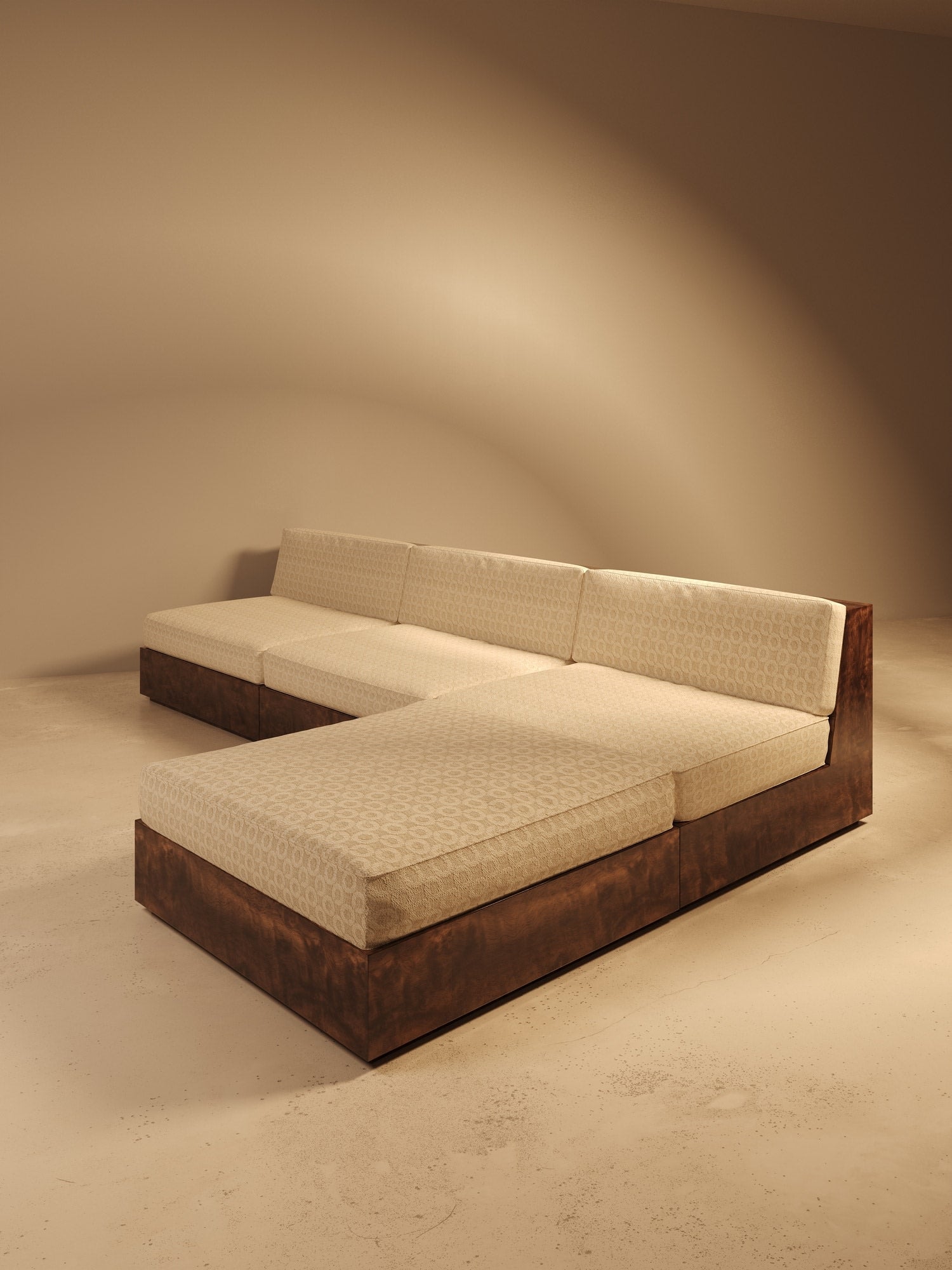 KAVA Collection I SOFA – Walnut Burl Finish, Dedar Upholstery — close-up
