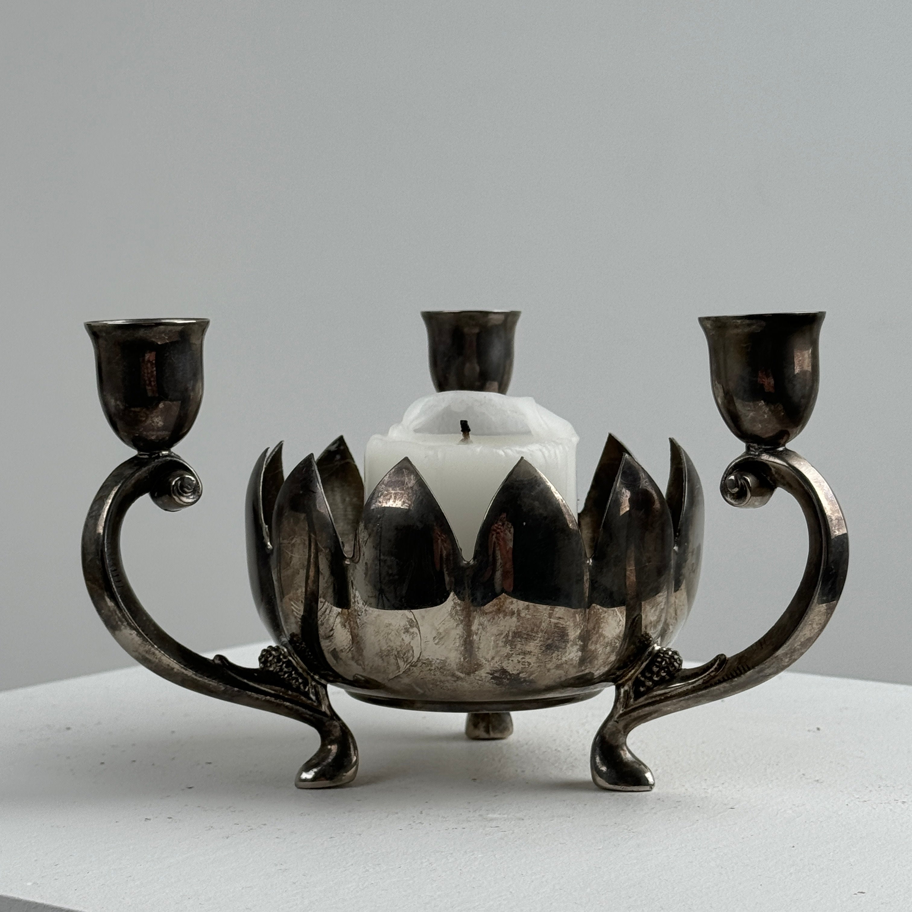 Three-Light Silver-Plated Table Candelabrum with Lotus Motif by Figuresdesign | The Oblist
