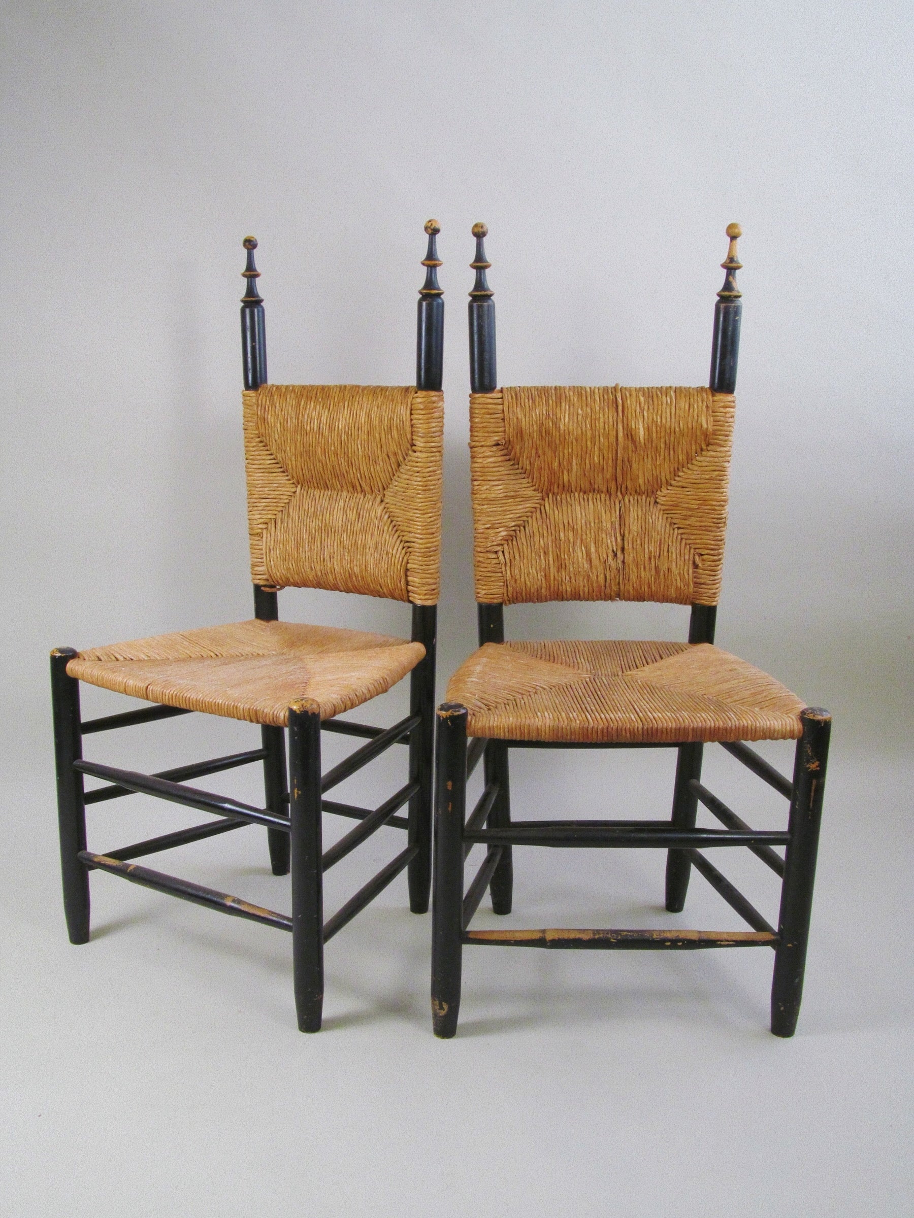 Set of Four European Rush-Back Chairs c.1950. — side angle showing woven rush seats