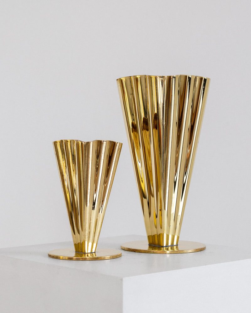 Two golden brass vases in Art Deco fluted design, different sizes