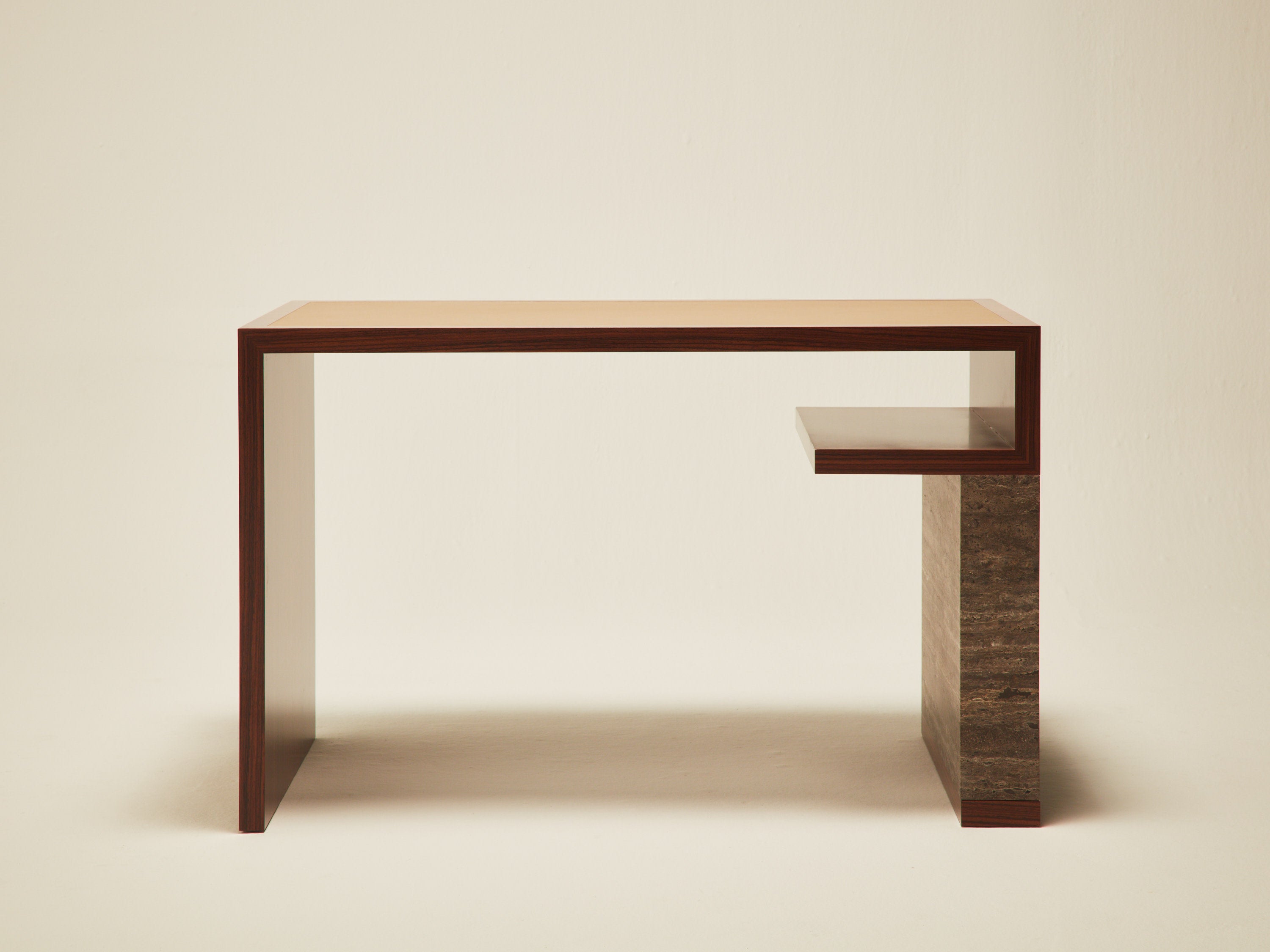 'Continuous' Desk Handcrafted in Wood Veneer With a Lether Tabletop & Travertine Leg — view 9