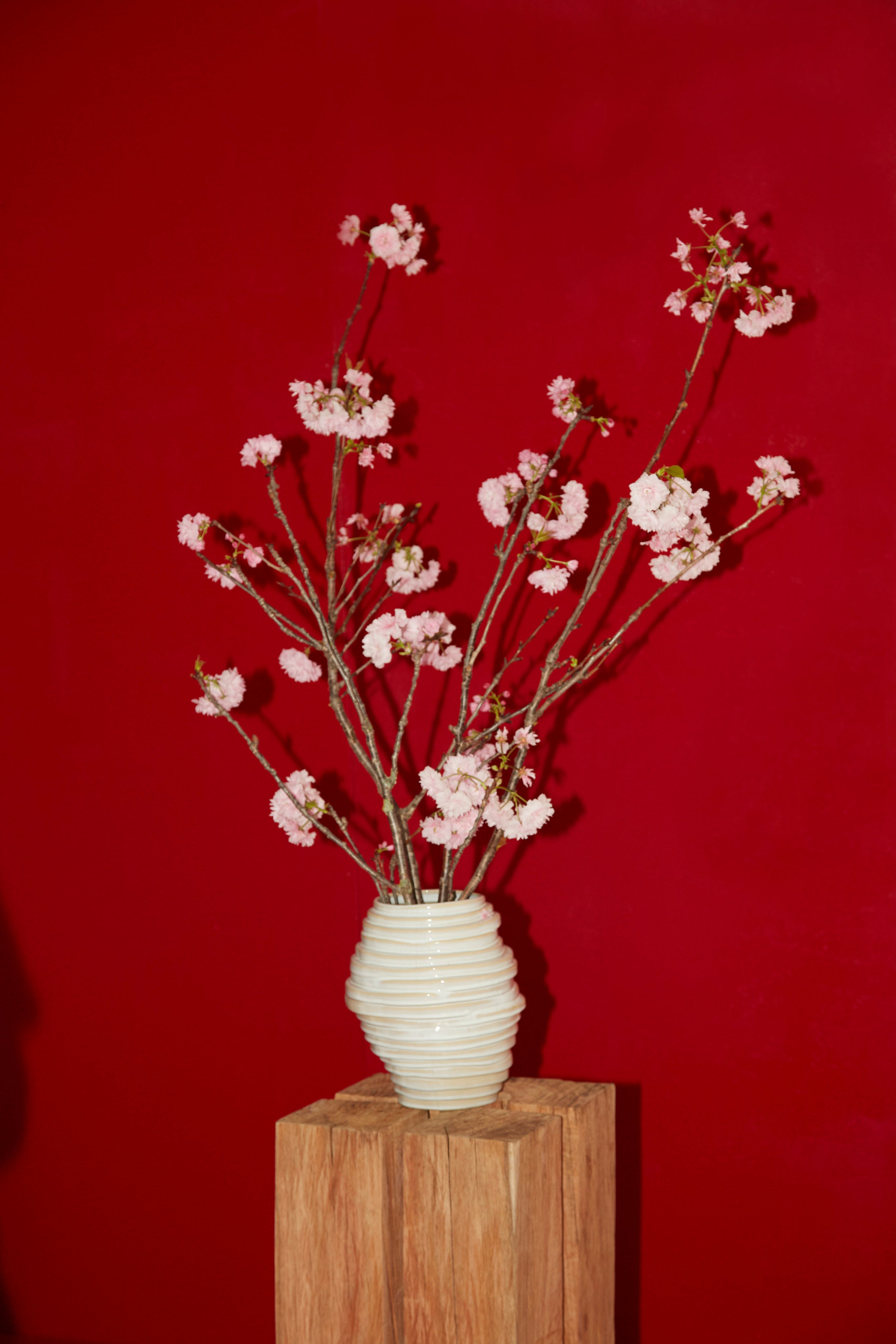 Alfonso Vase in Graphite — positioned on wooden pedestal with flowers