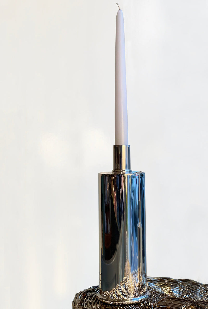 Elegant Candle Holders Silver Plated — close-up of polished silver surface with white candle