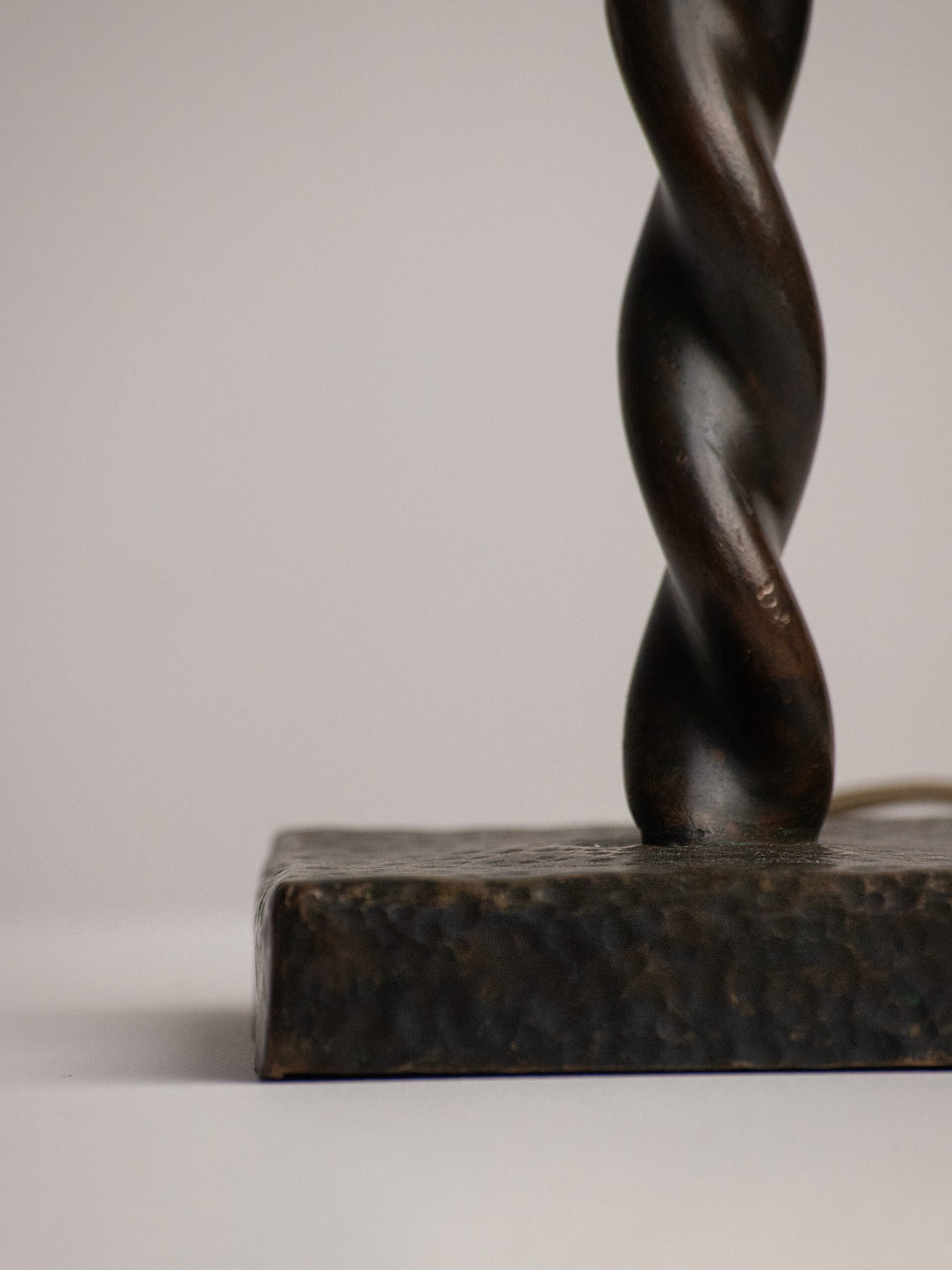 Hand-Twisted Copper Table Lamp on Hammered Plinth with Black Cone Shade, Northern European Workshop, 1960s — alternate view