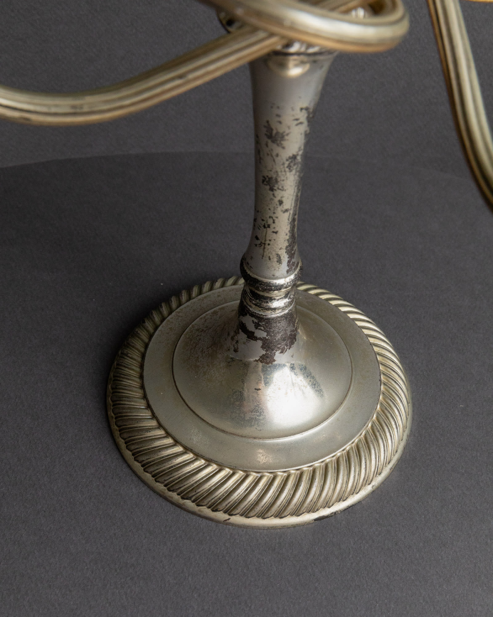 Vintage 1950s Silver Plated Candleholders, Set of 2, Large Five Arm Curved Design — close-up of tarnished silver base detail