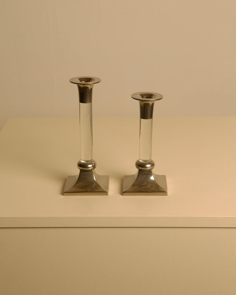Pair of Italian Candleholders from the 1960s — close-up of polished metal finish
