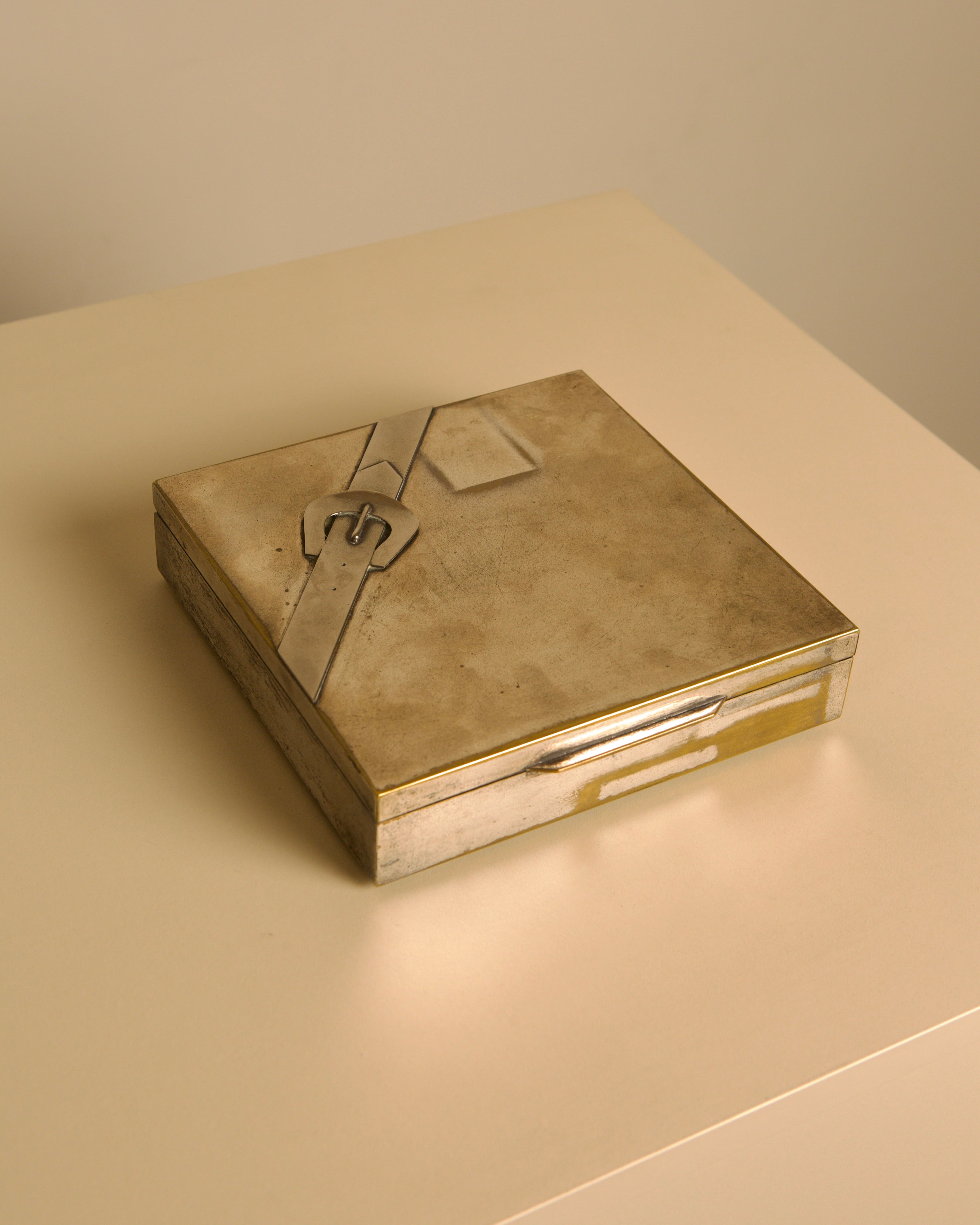 Italian patinated metal box in the style of Maria Pergay, 1950 — side angle