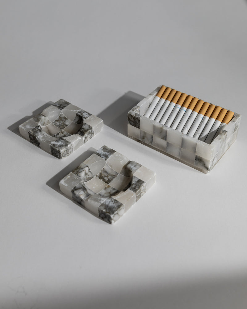 1970s marble smoking set with two ashtrays and cigarette holder