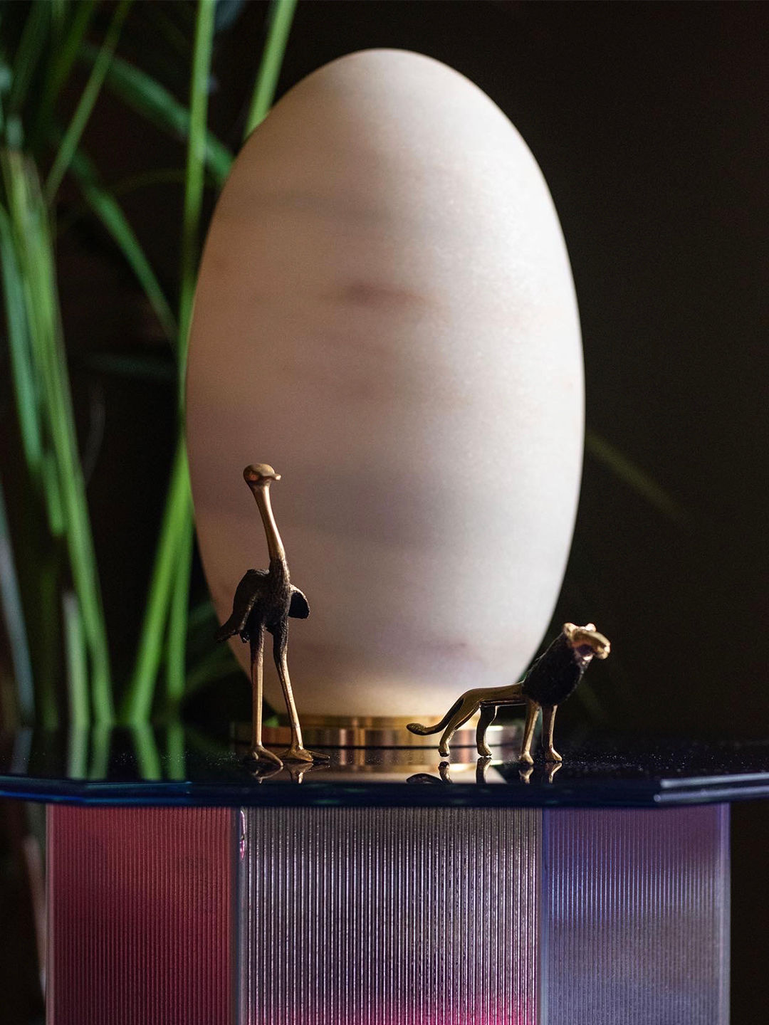 Rebirth' Table Lamp by Giulia Archimede — back view with marble base and decorative figures