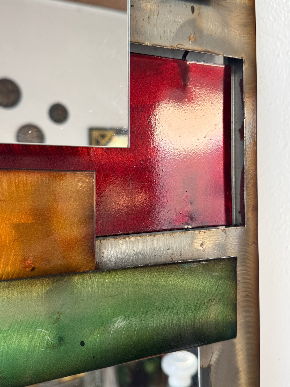 Large Polychrome Metal Mirror — 1970s — detail view