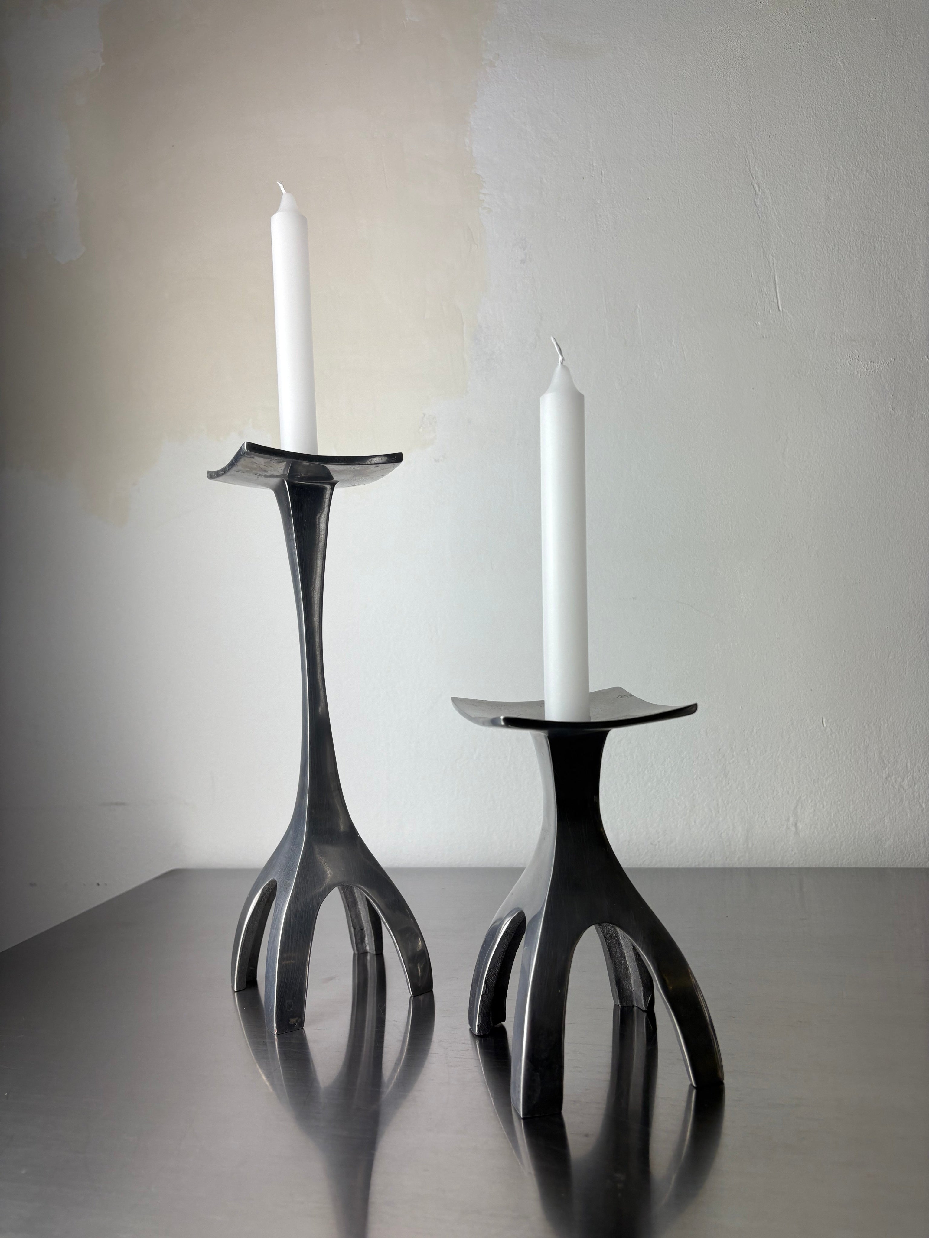Pair of Biomorphic candleholders, solid aluminum, Spain, 1970's — detail view