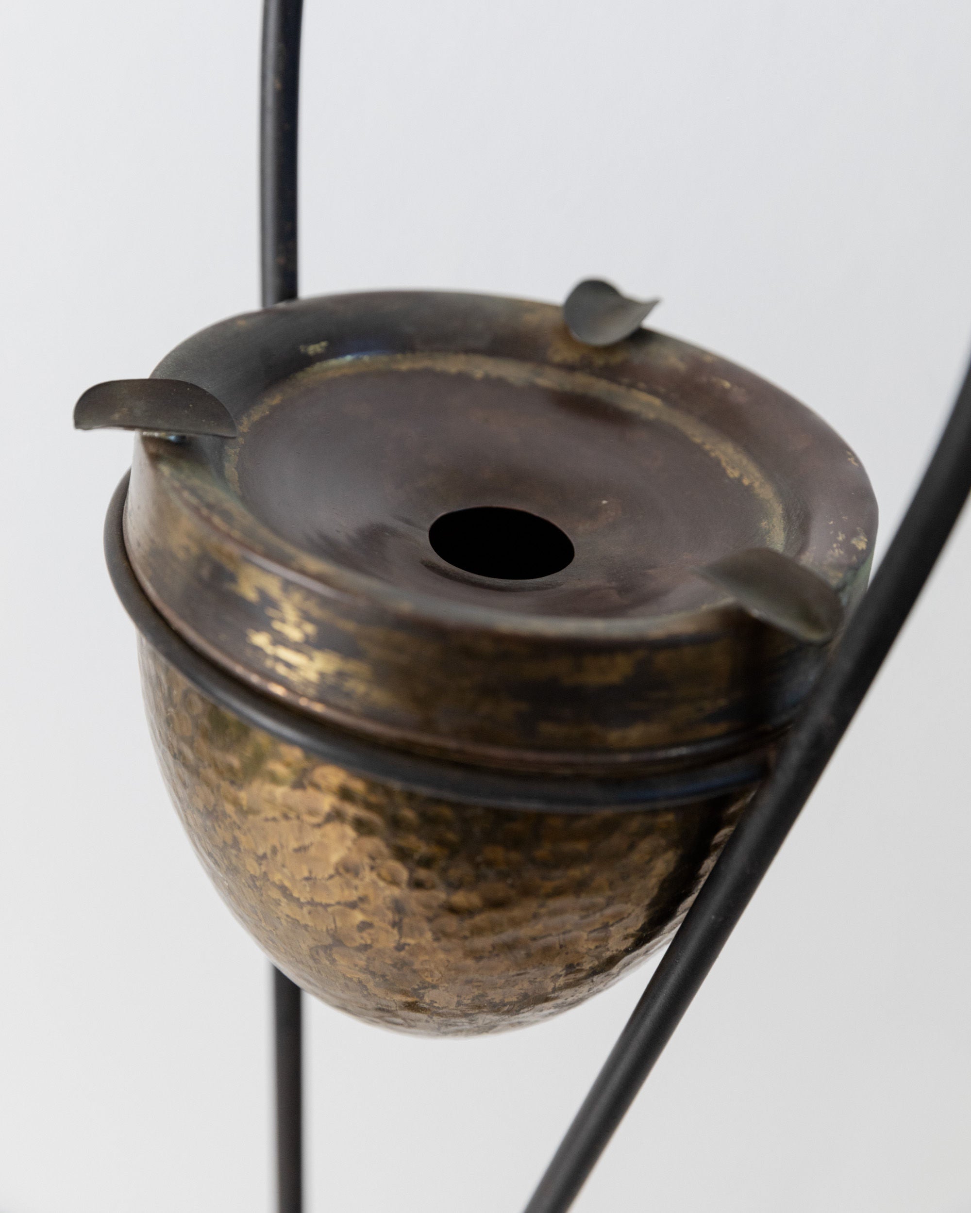 Brass Magazine Rack and Ashtray 1960s — close-up of hammered brass ashtray
