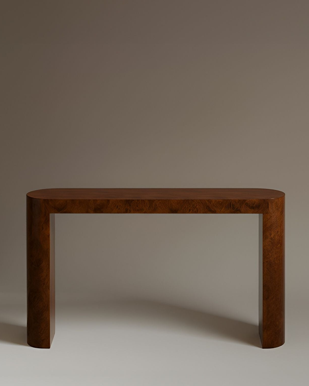 Luna Console Burl Wood — front view with rich brown burl finish