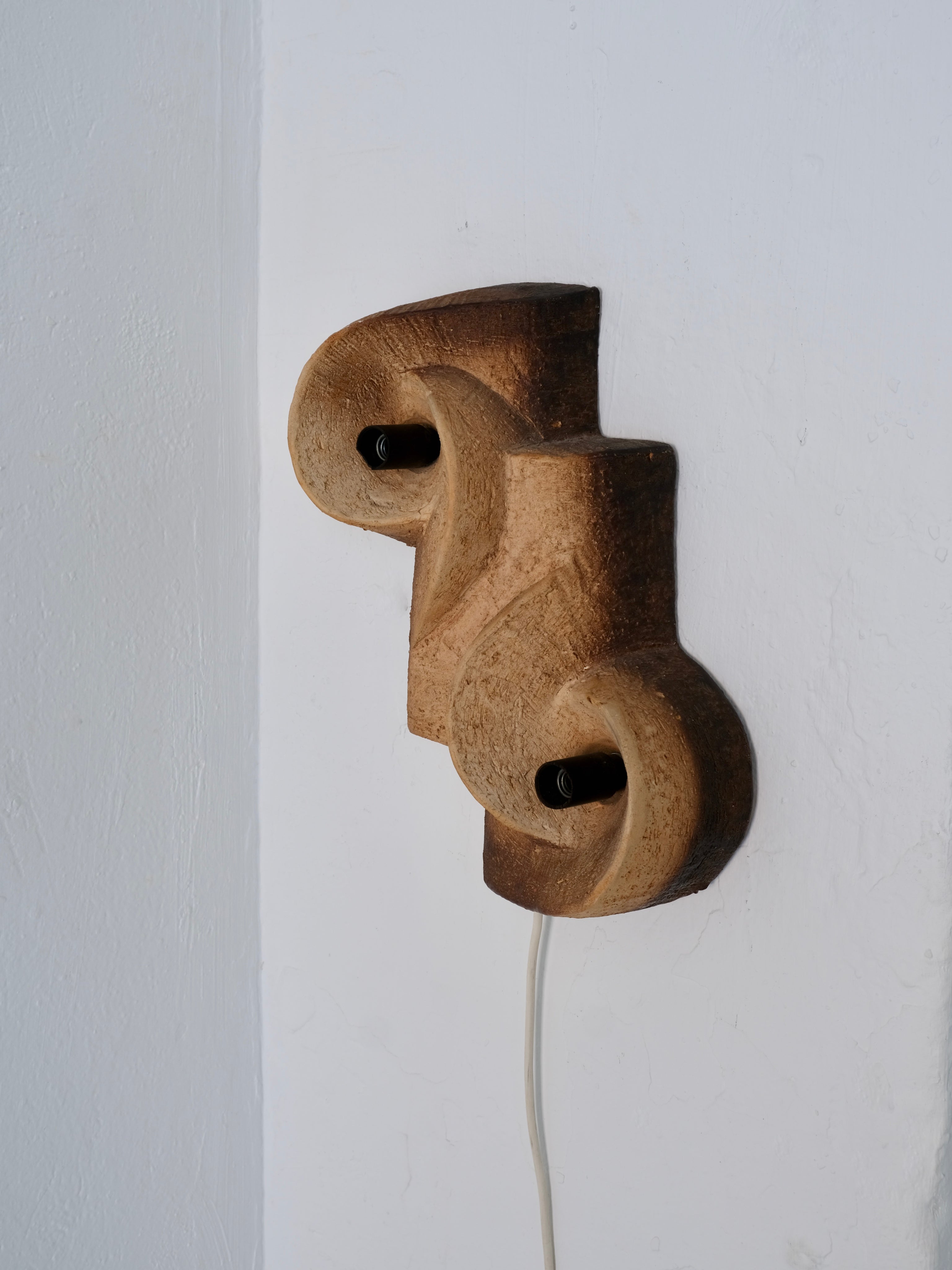 Brutalist Ceramic Wall Sconce, Netherlands, 1960s — side view against white wall