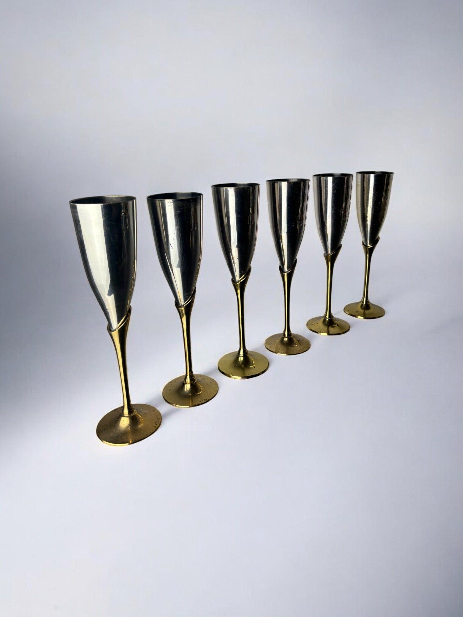 Brutalist Champagne Glasses, Spain, 1970's — side angle showing brass bases and glass stems