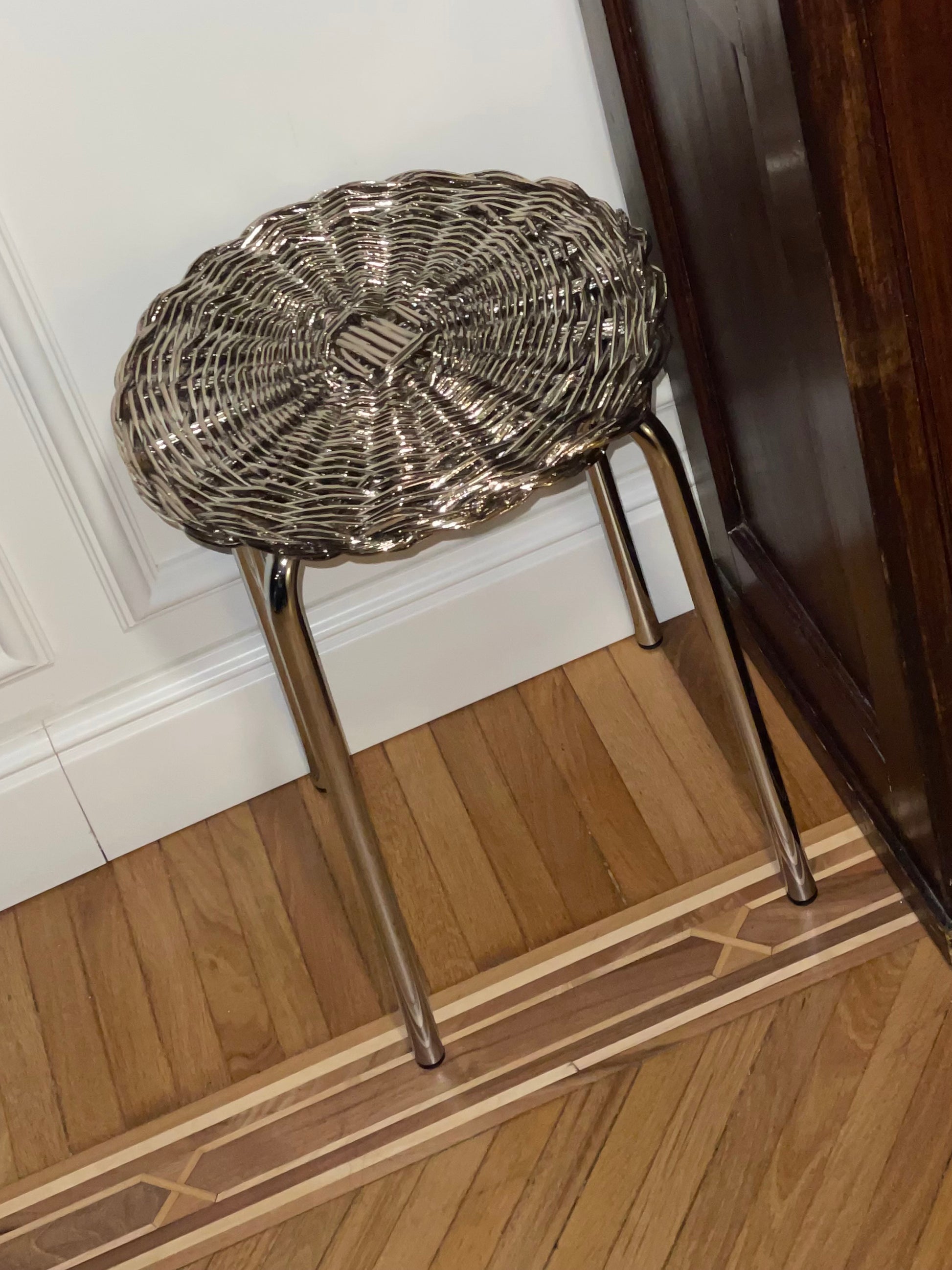Woven Wicker Metal Plated Side Table in Chrome and Steel by CASPAL | The Oblist — chrome finish, modern design