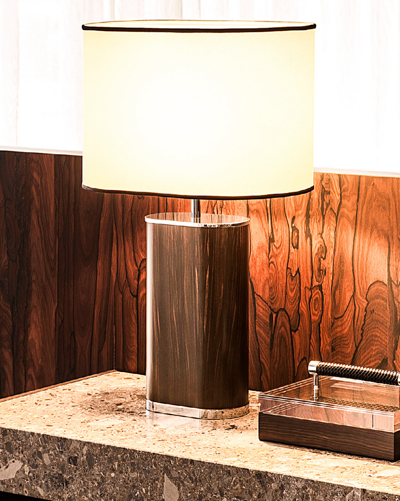 Livia ebony table lamp with cream shade on granite counter