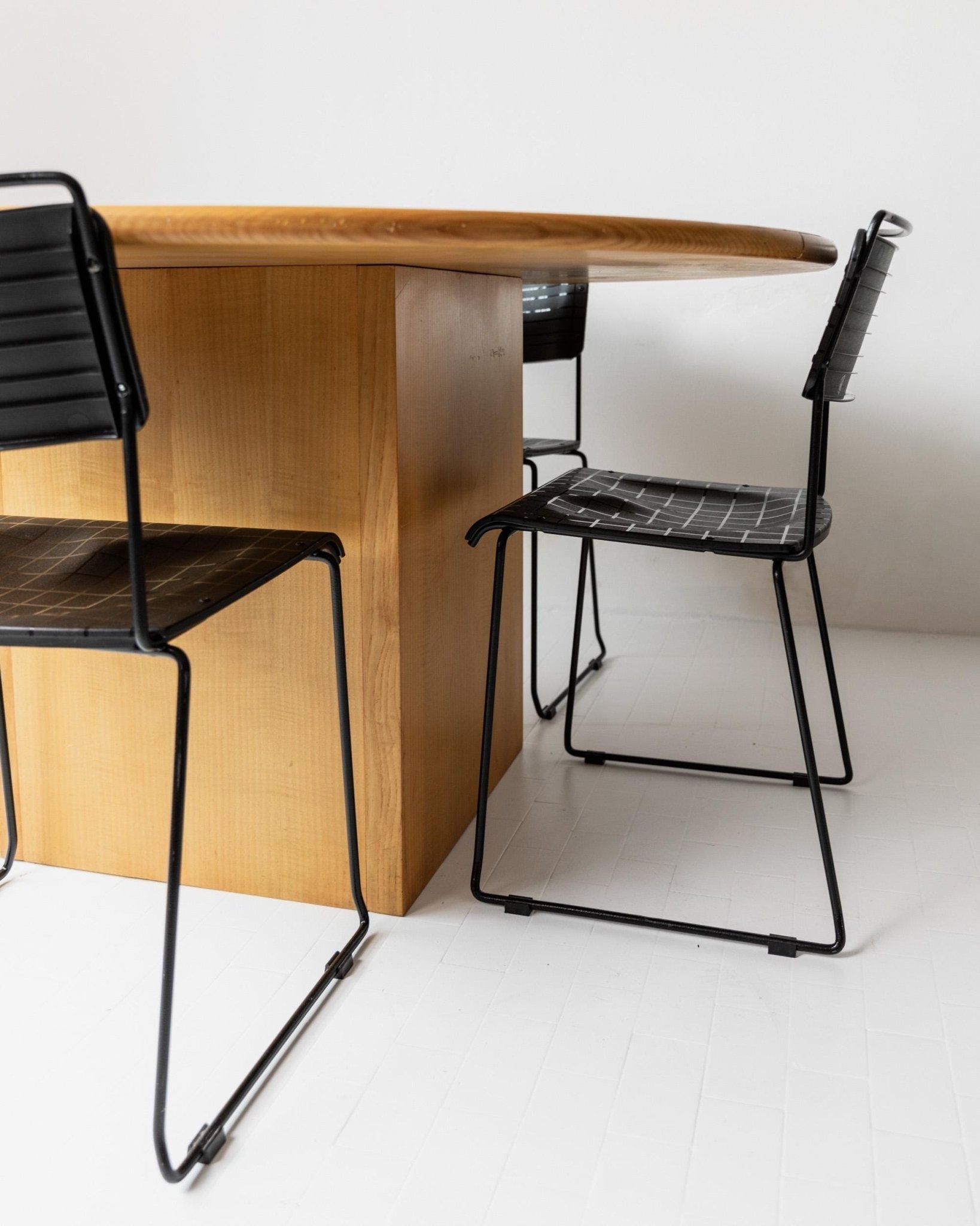 Vintage 1980s Dining Chairs, Set of 4, Postmodern Design, Black Metal and Plastic, Check Texture, Minimal Italian Design, Retro Interior — side angle