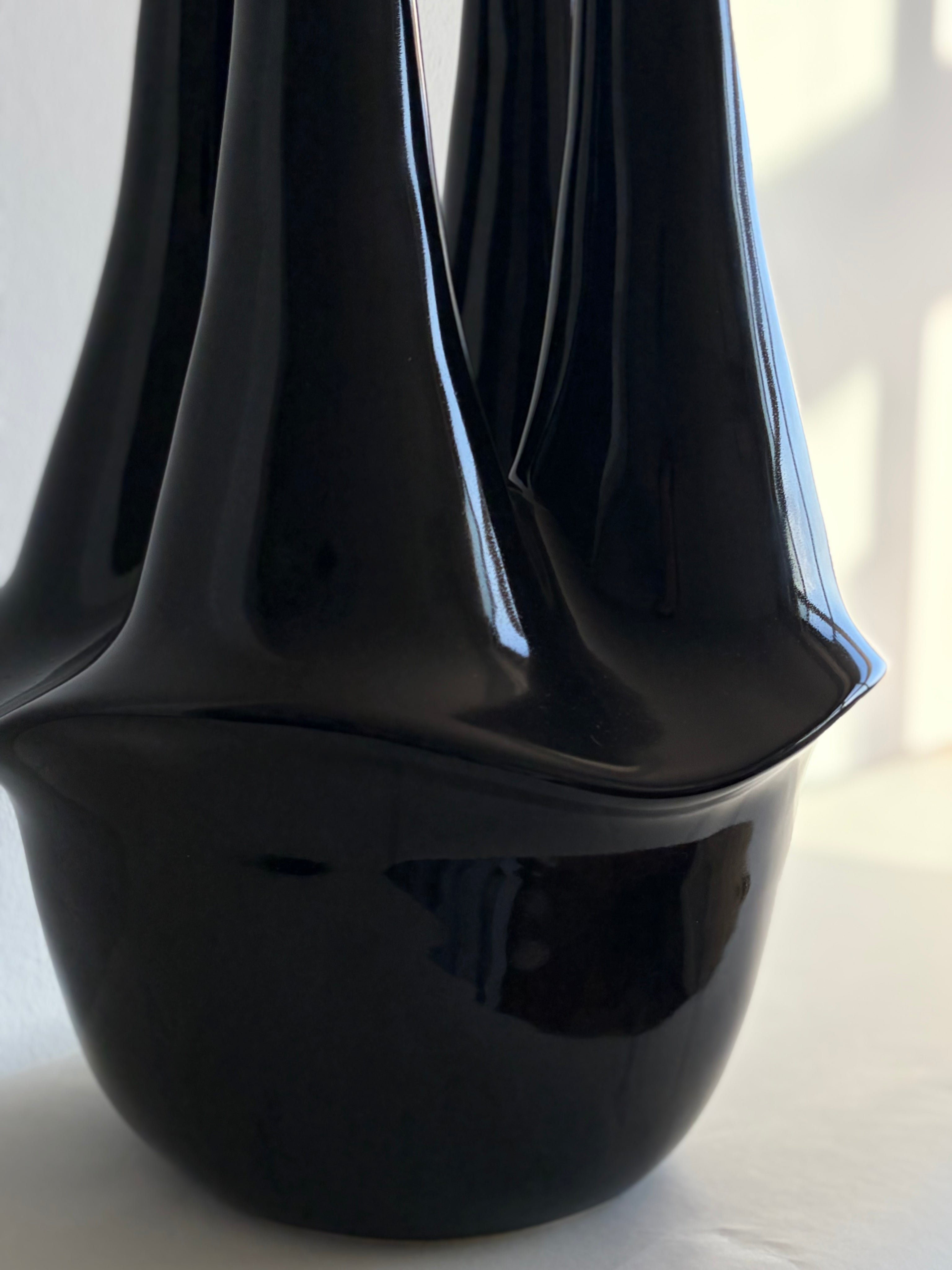 Portuguese Brutalist Black Glazed Multi-Neck Ceramic Vase, 1980s — detail view