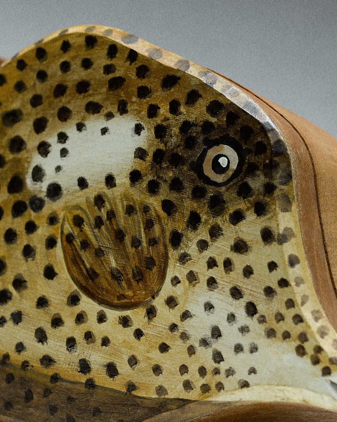 hand painted wooden box, fish — close-up of painted fish detail