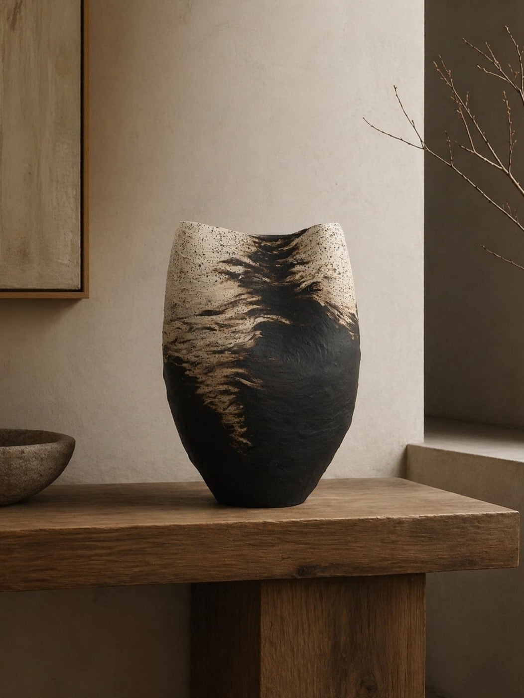 Gestural Earth Vessel in Black and Speckled Stoneware Clay — lifestyle setting