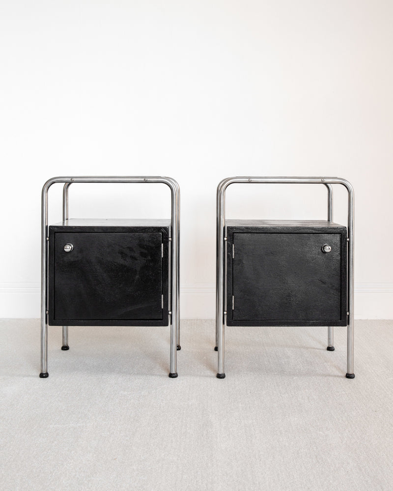 Pair of Functionalist Nightstands, Sweden 1930s by Spigel | The Oblist — black metal, vintage design