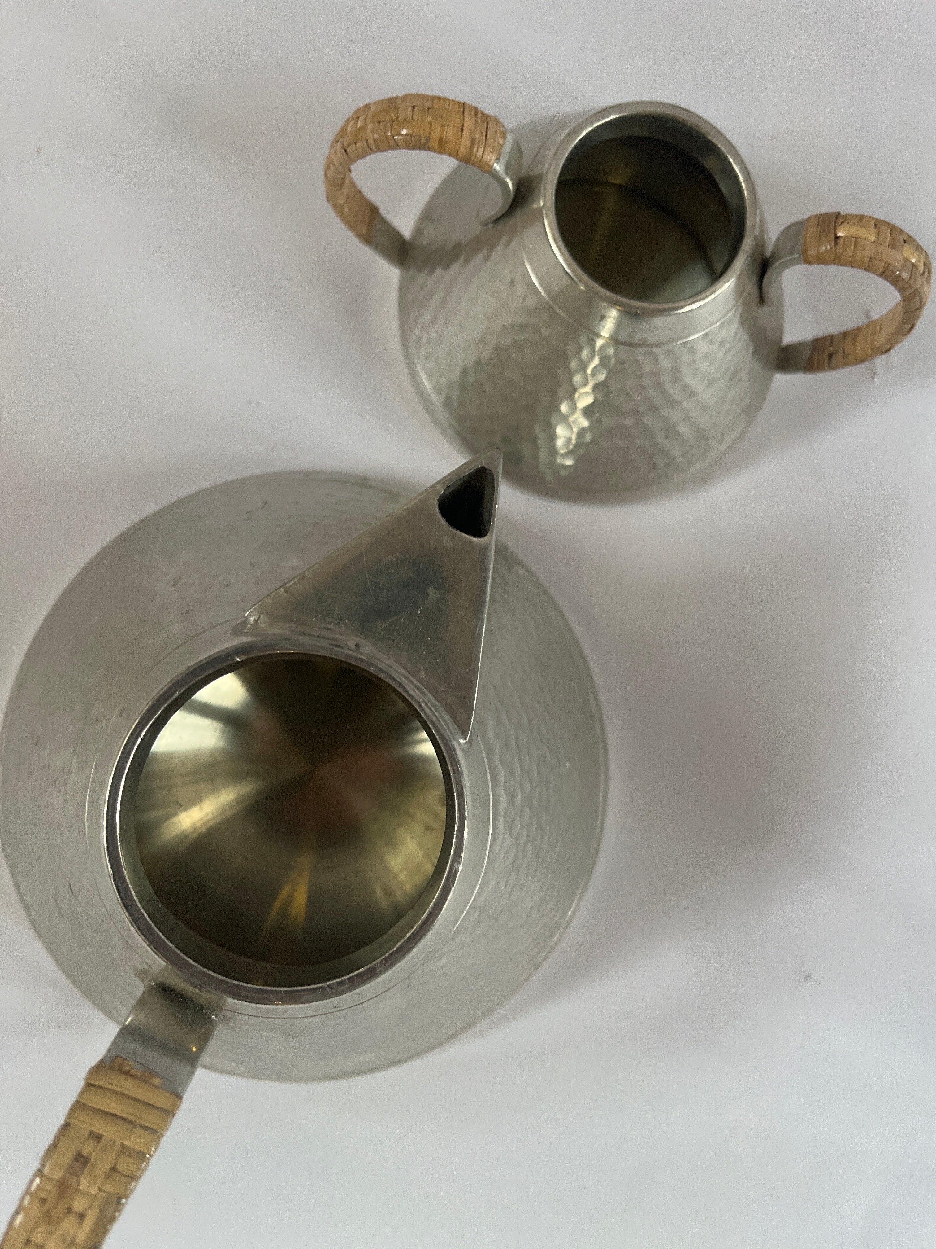 Art Deco Hammered Pewter Tea Set — top view of teapot and creamer