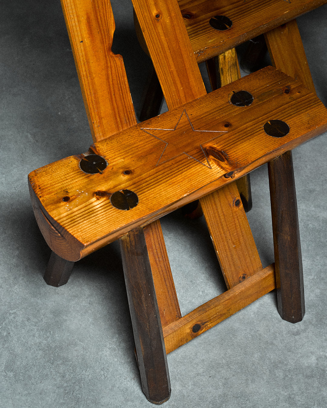 Set of 4 Folk-art Pine Chairs from the Italian Alps — close-up of handcrafted wooden seat with star design